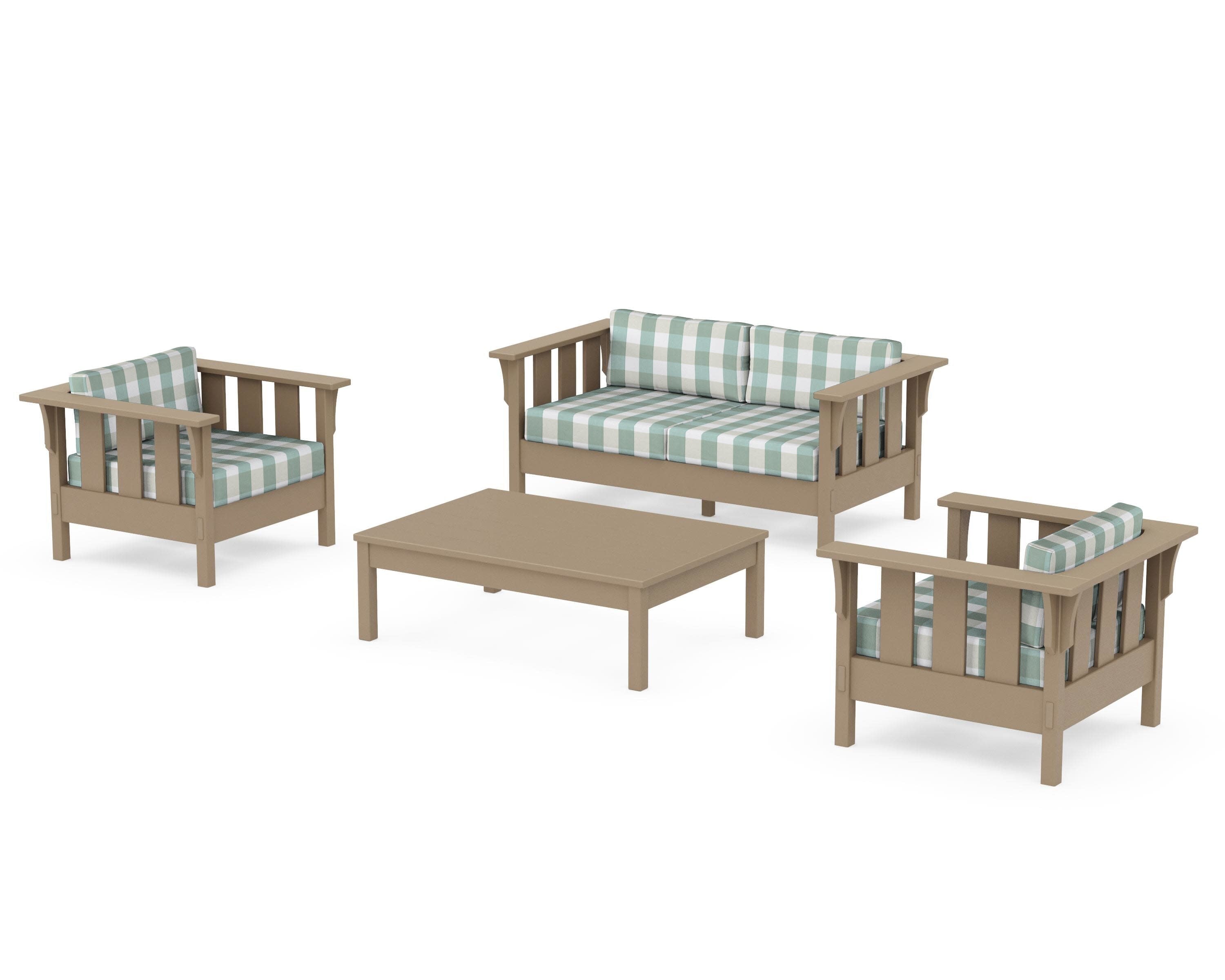 Acadia 4-Piece Deep Seating Set with Loveseat in Vintage Sahara / Buffalo Plaid Glacier Spa