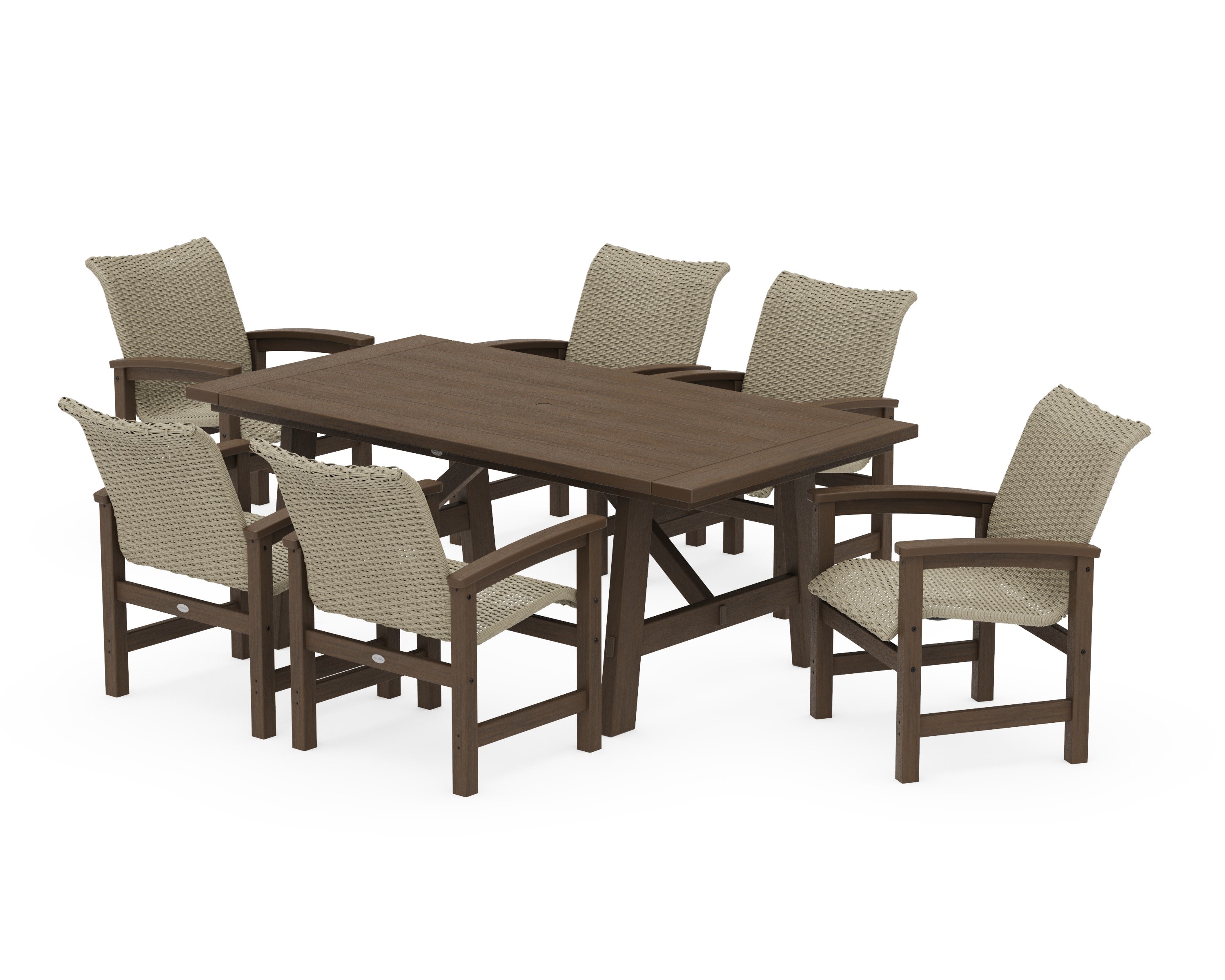 Coastal Woven Arm Chair 7-Piece Rustic Farmhouse Dining Set in Kona / Dune Grass