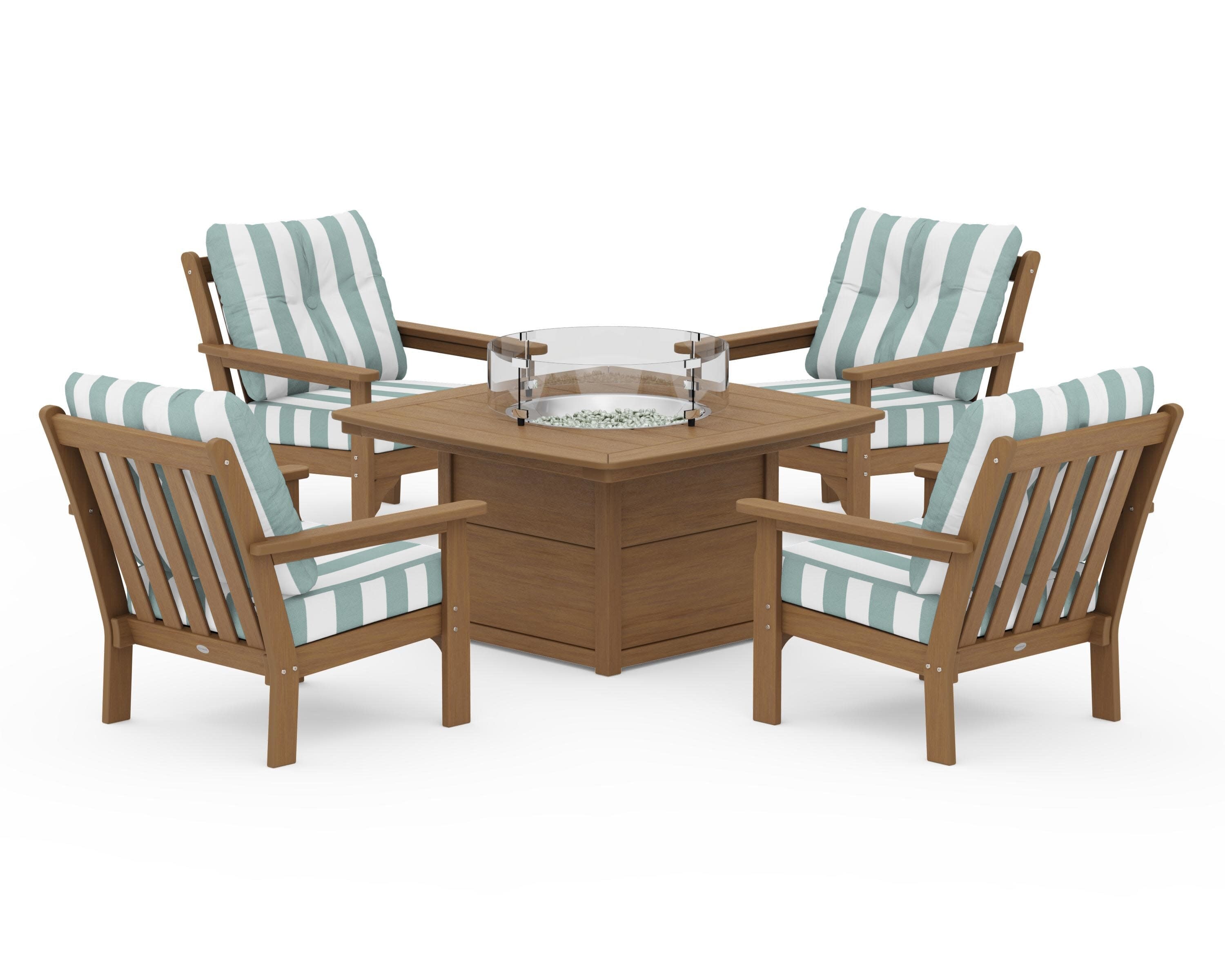 Vineyard 5-Piece Conversation Set with Fire Pit Table in Natural / Cabana Stripe Glacier Spa