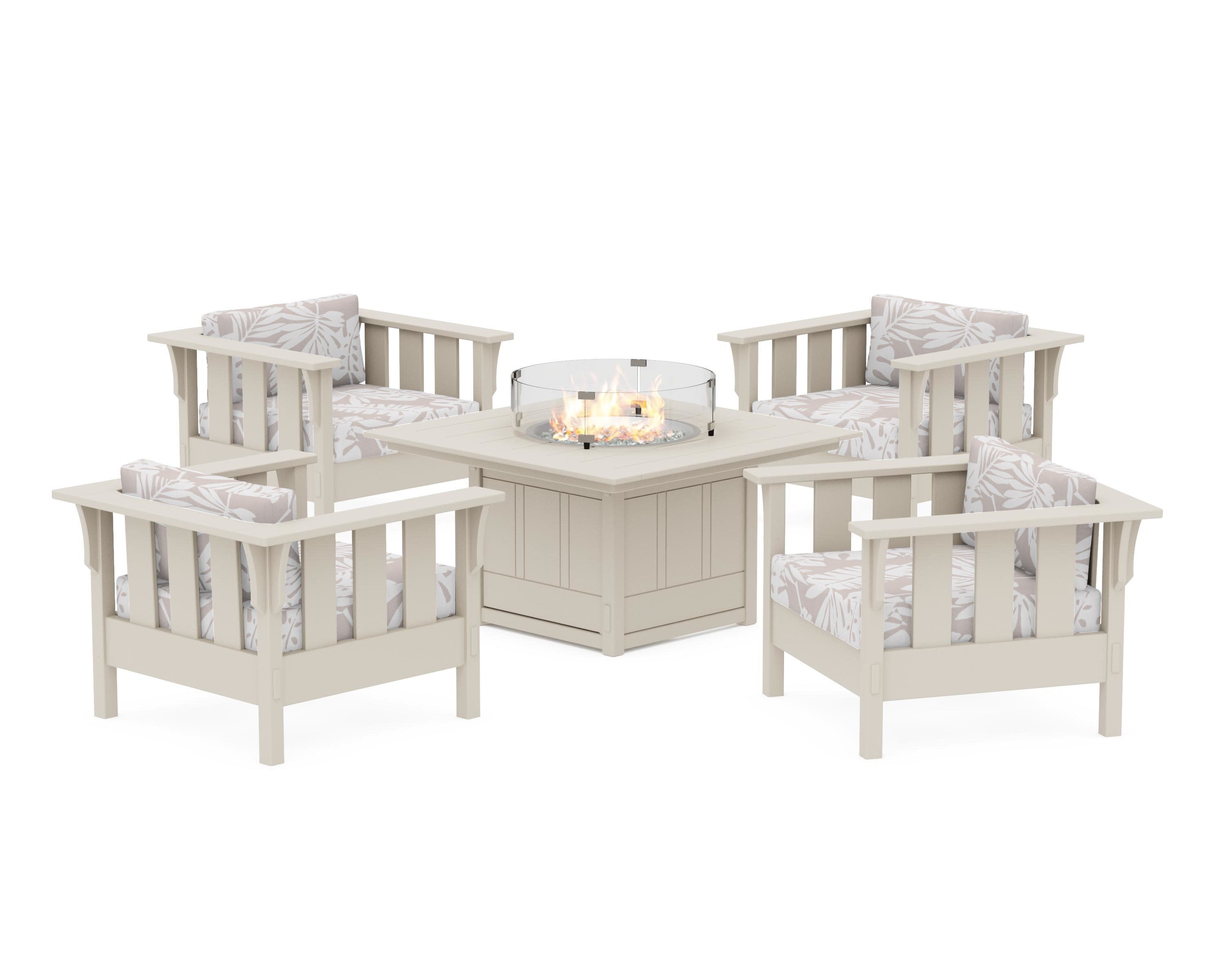 Acadia 5-Piece Deep Seating Set with Fire Pit Table in Sand / Leaf Dune Burlap