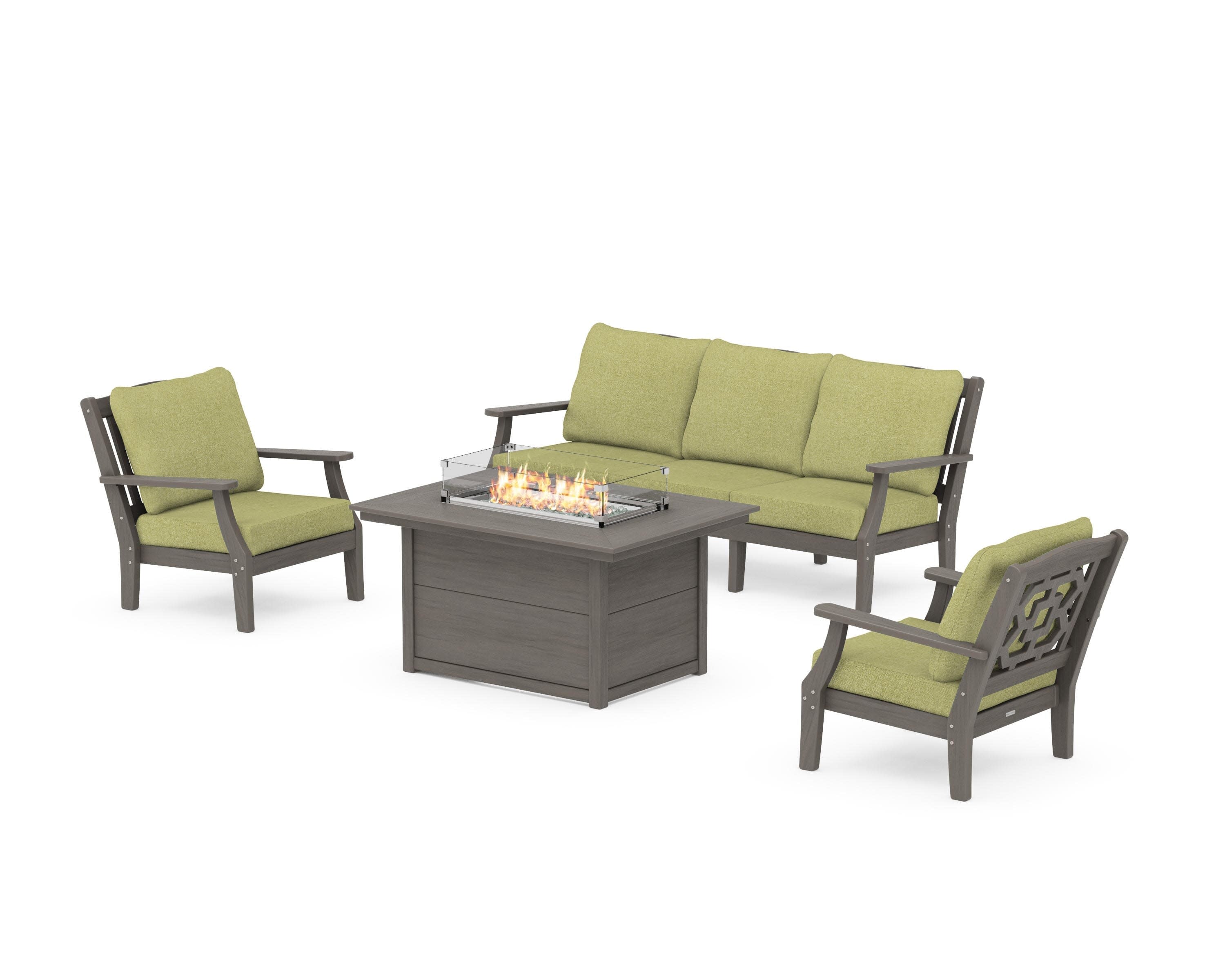 Chinoiserie Deep Seating Fire Pit Table Set in Driftwood / Chartreuse Boucle