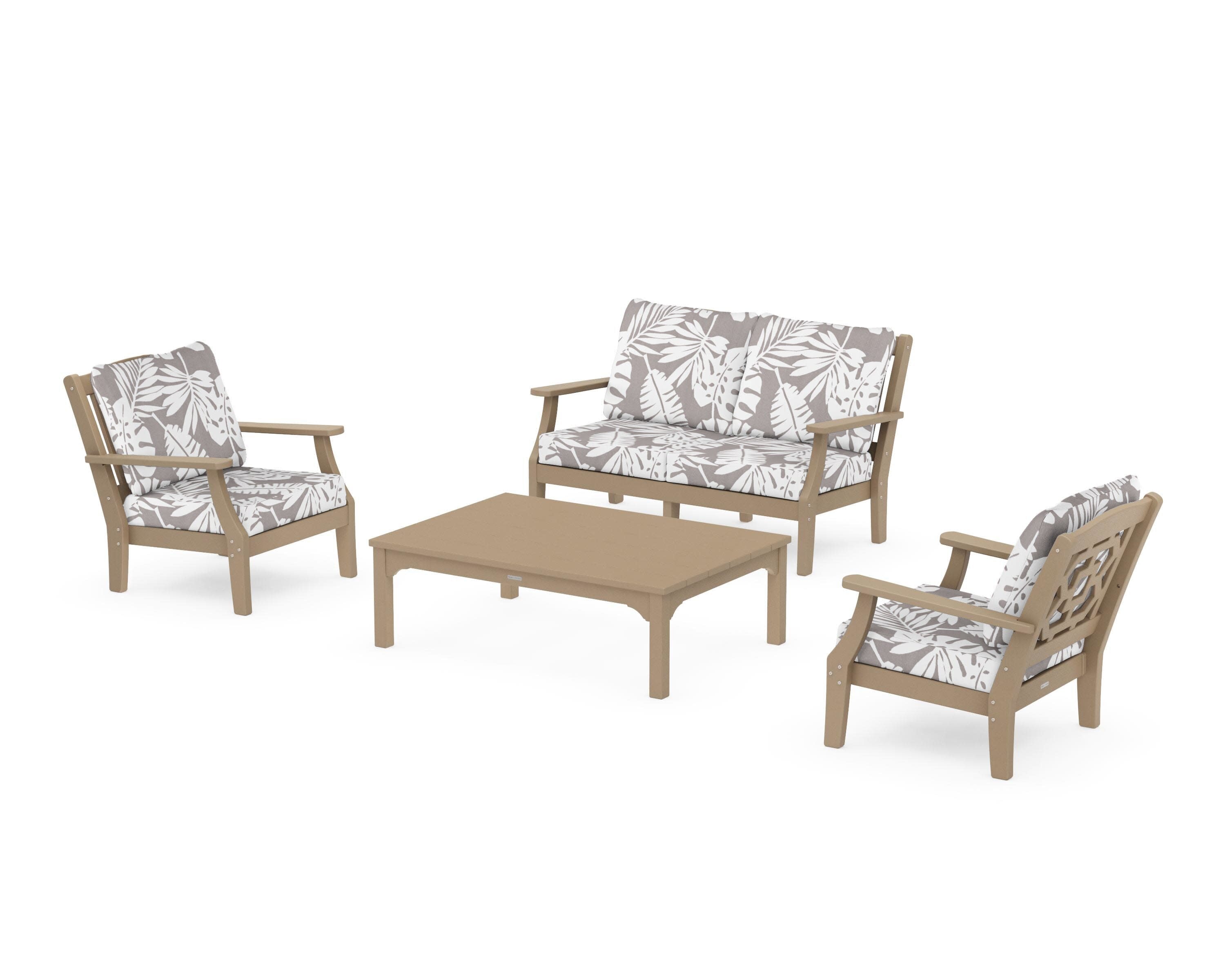 Chinoiserie 4-Piece Deep Seating Set with Loveseat in Vintage Sahara / Leaf Grey Mist