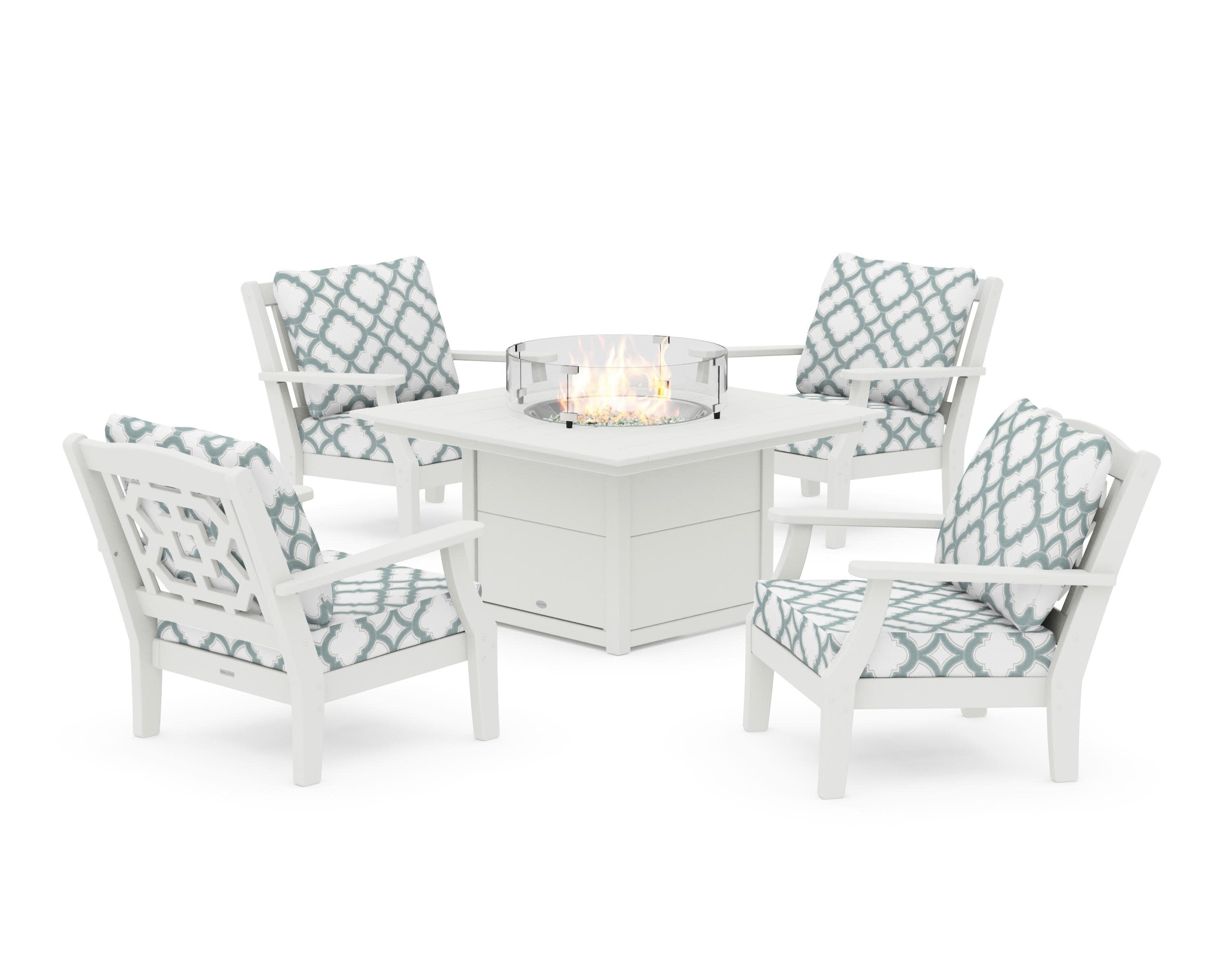 Chinoiserie 5-Piece Deep Seating Set with Fire Pit Table in Vintage White / Trellis Glacier Spa