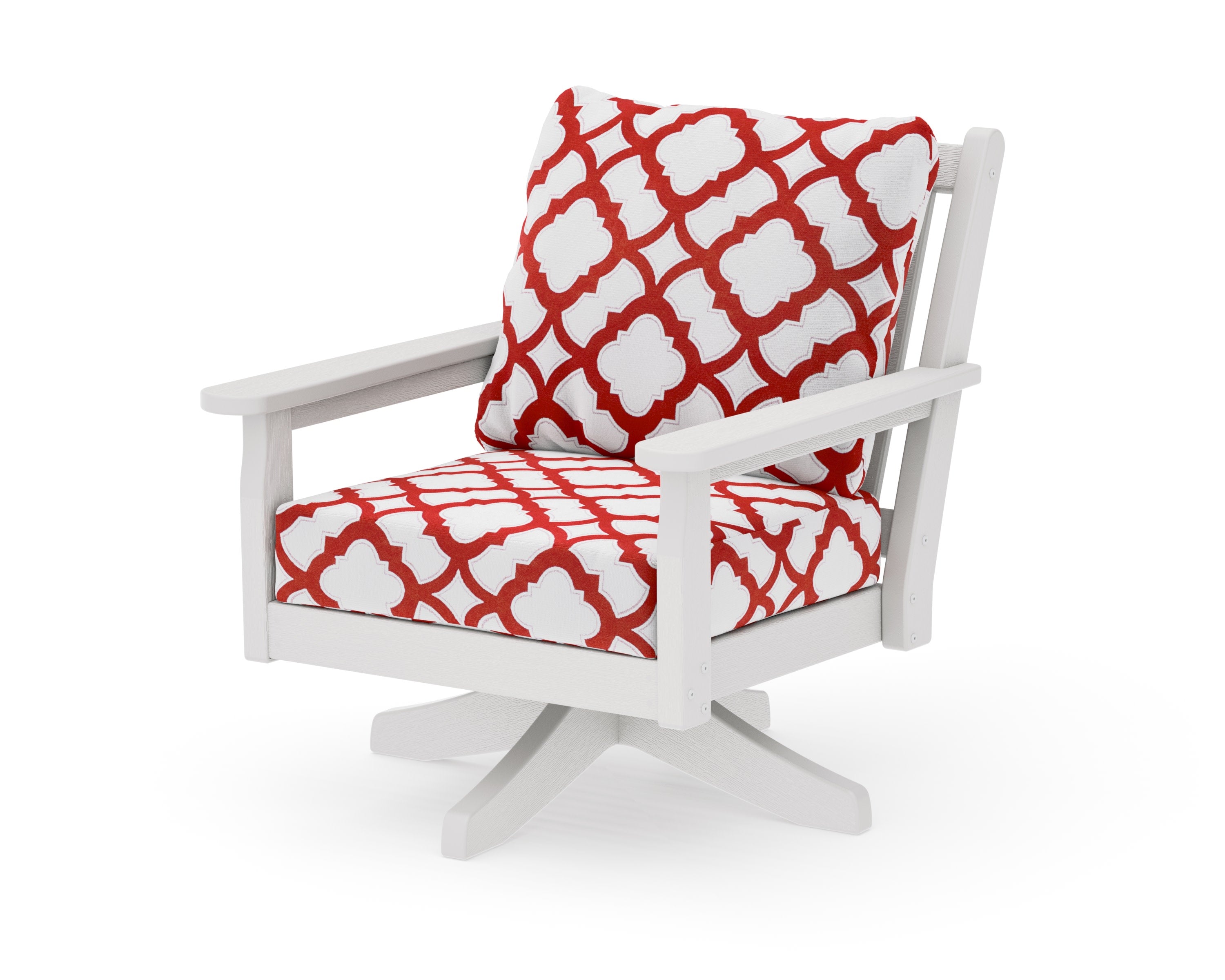 Chippendale Deep Seating Swivel Chair in Vintage White / Trellis Crimson