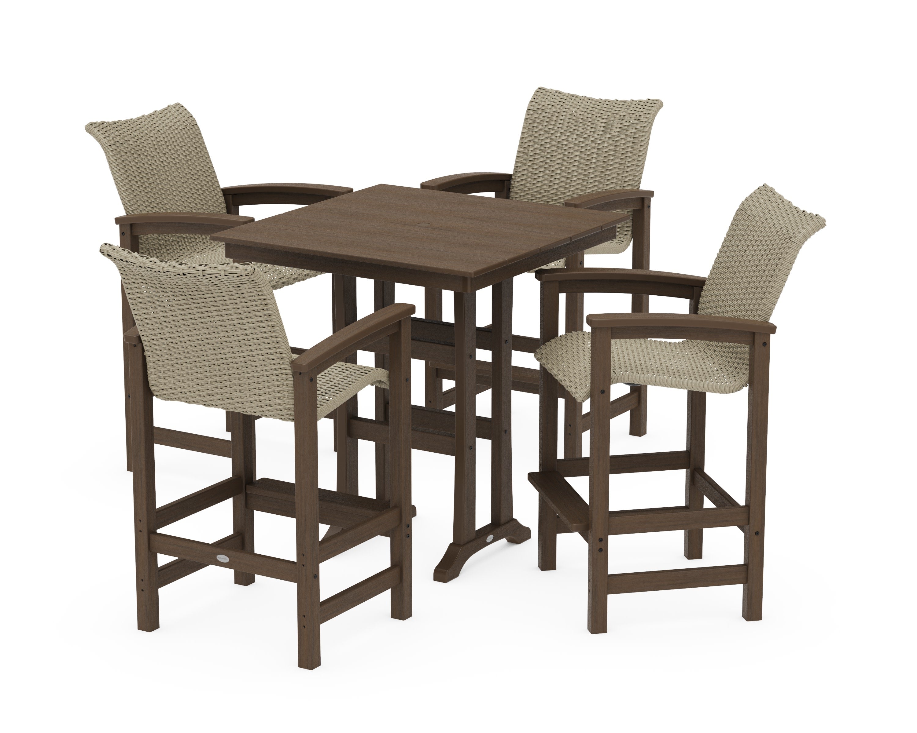 Coastal Woven 5-Piece Farmhouse Bar Set with Trestle Legs in Kona / Dune Grass