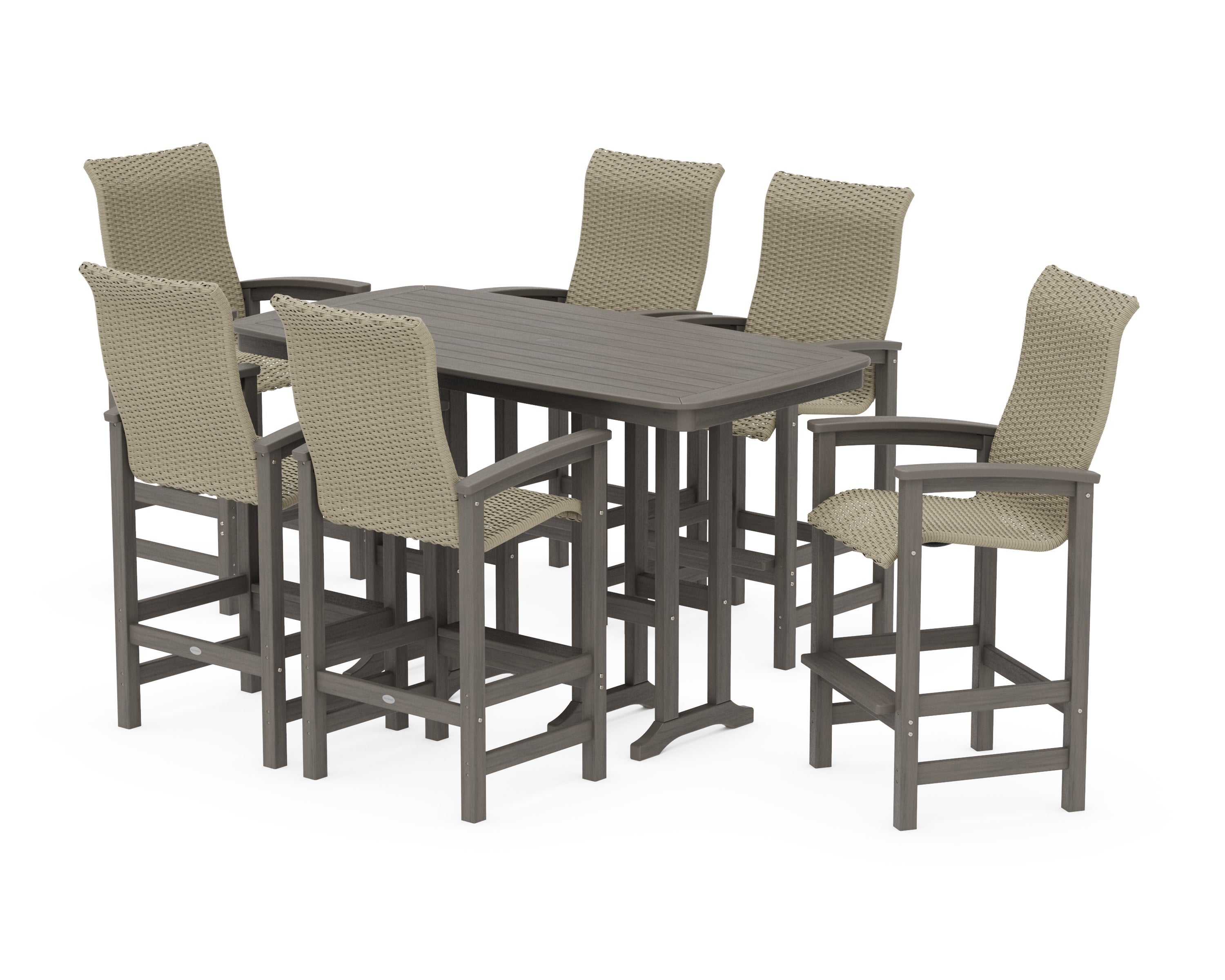 Coastal Woven High-Back Arm Chair 7-Piece Bar Set in Driftwood / Dune Grass