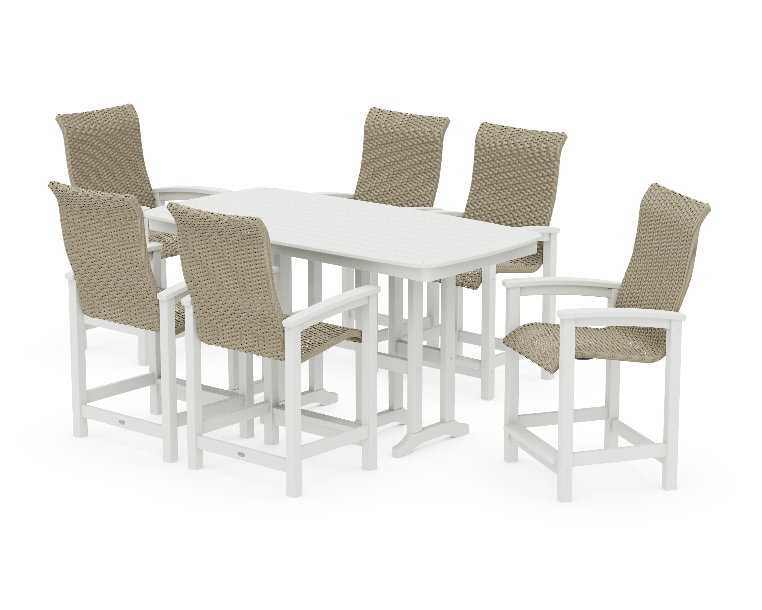 Coastal Woven High-Back Arm Chair 7-Piece Counter Set in Vintage White / Dune Grass
