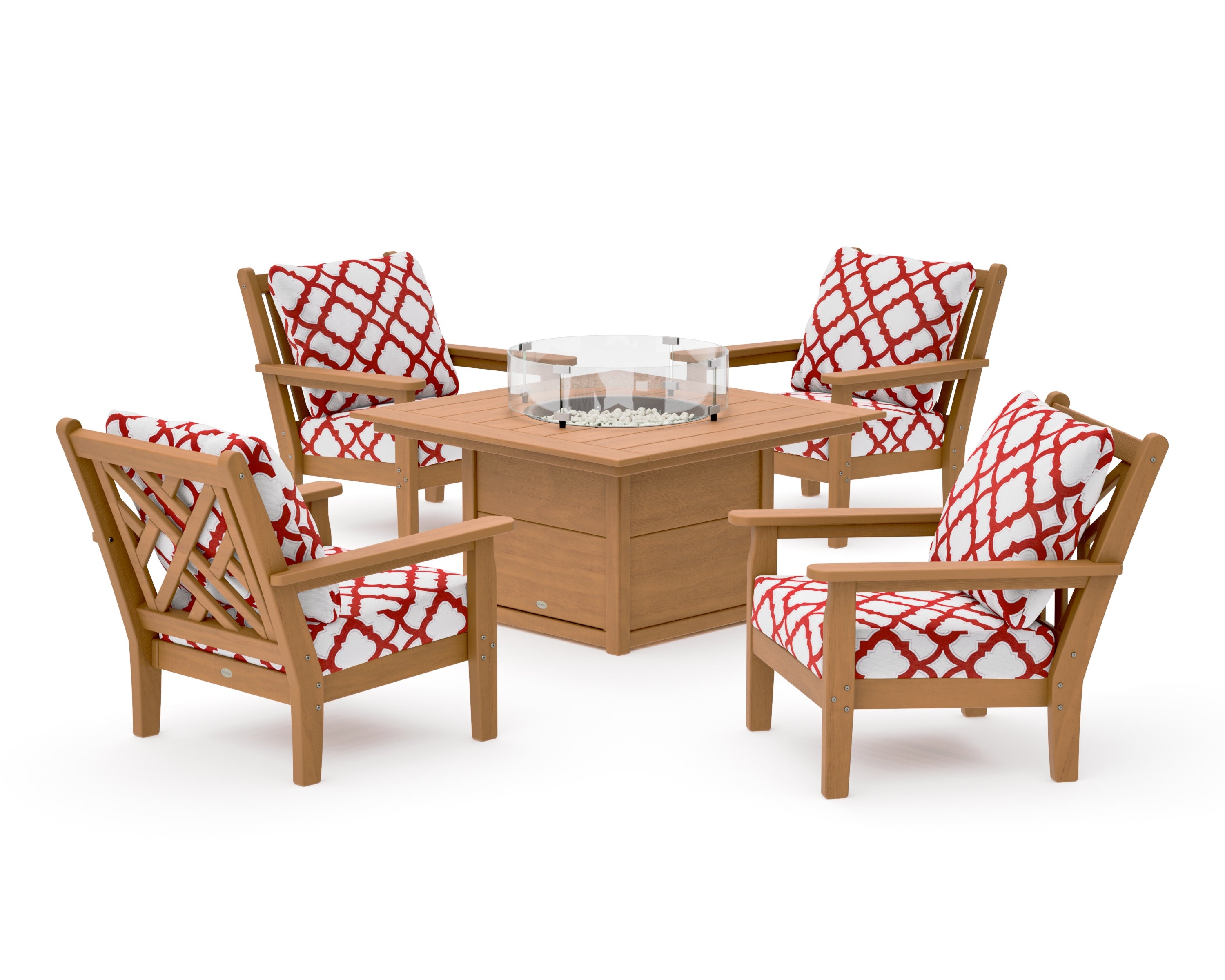 Chippendale 5-Piece Deep Seating Set with Fire Pit Table in Natural / Trellis Crimson