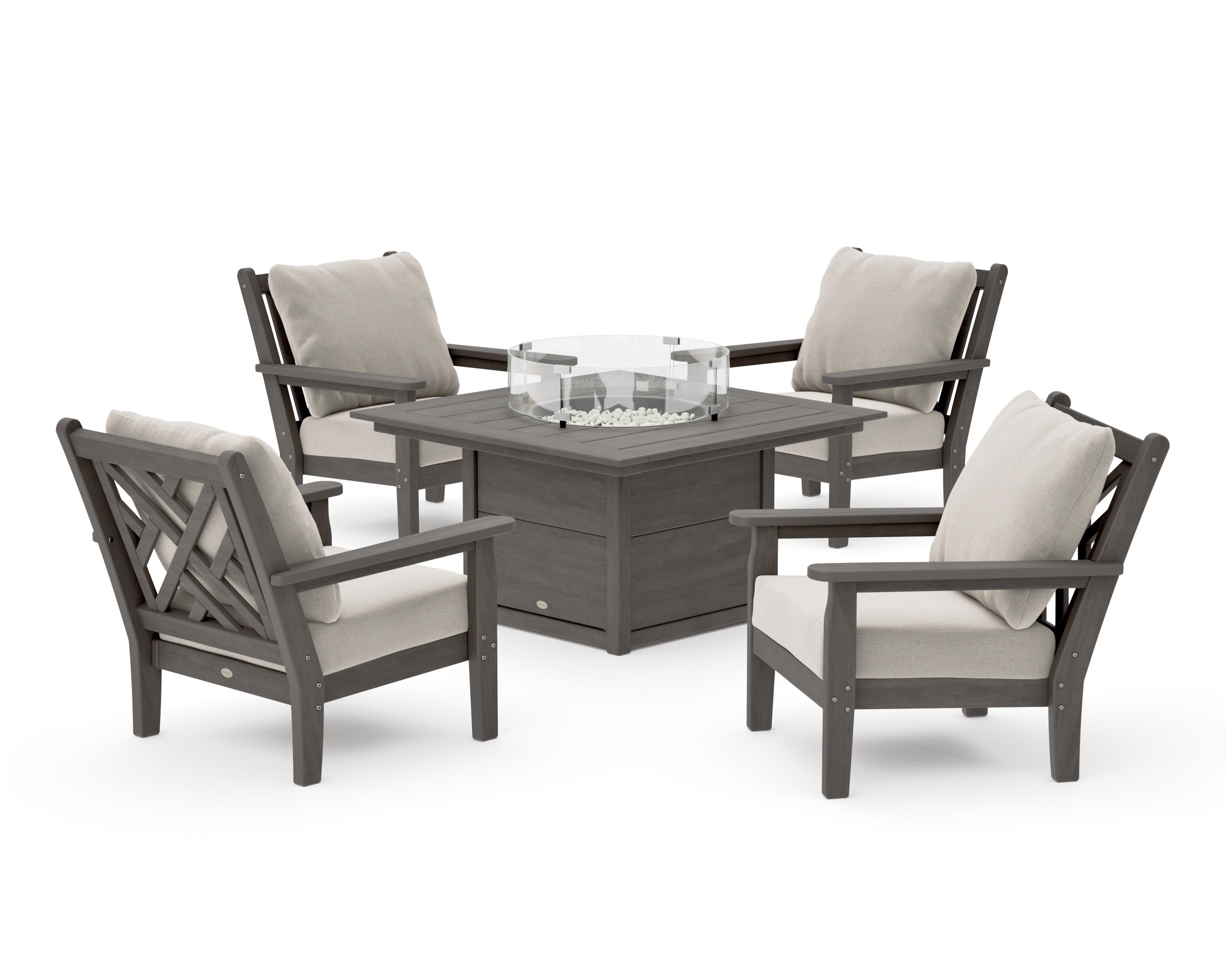 Chippendale 5-Piece Deep Seating Set with Fire Pit Table in Driftwood / Dune Burlap