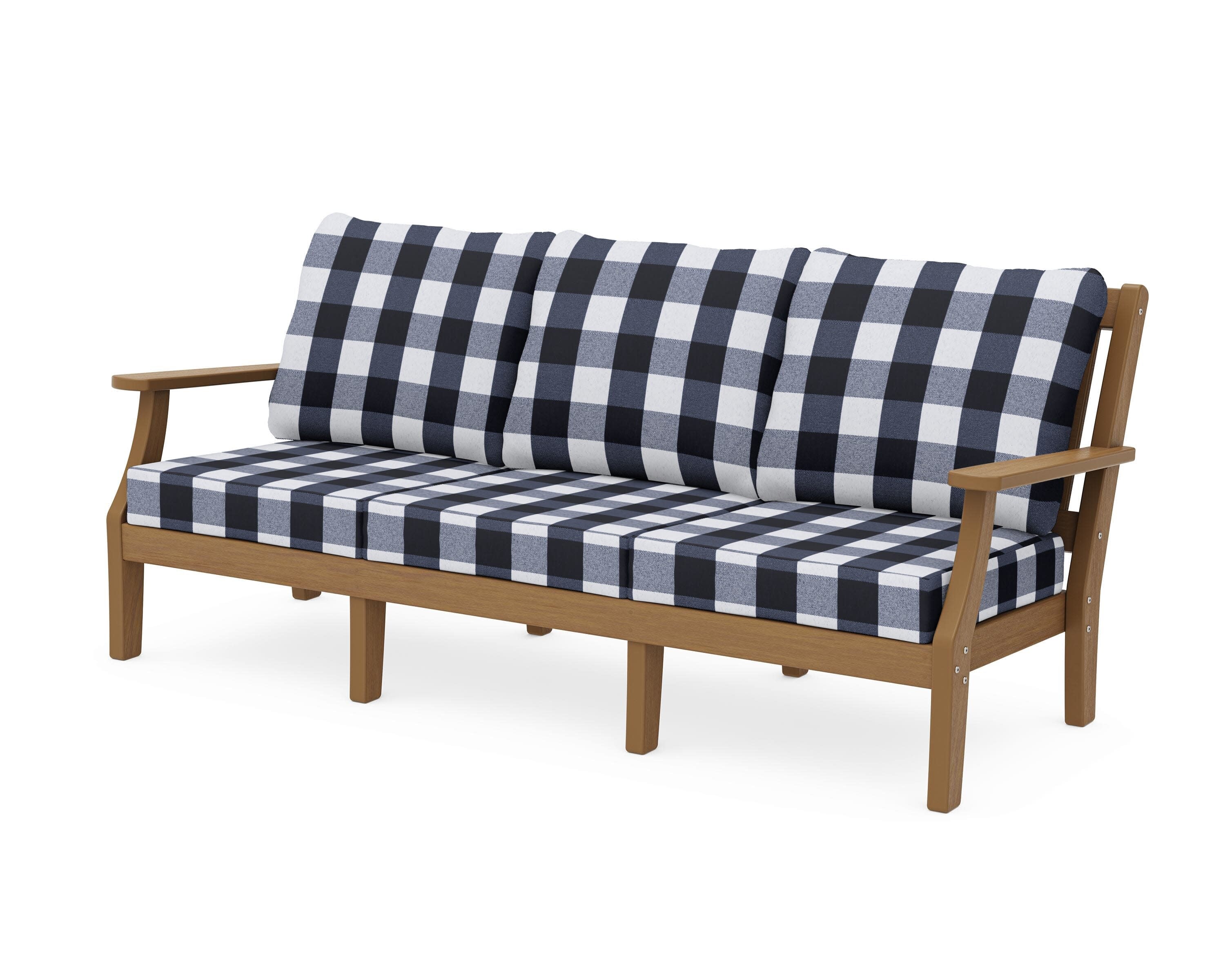 Chinoiserie Deep Seating Sofa in Natural / Buffalo Plaid Marine Indigo
