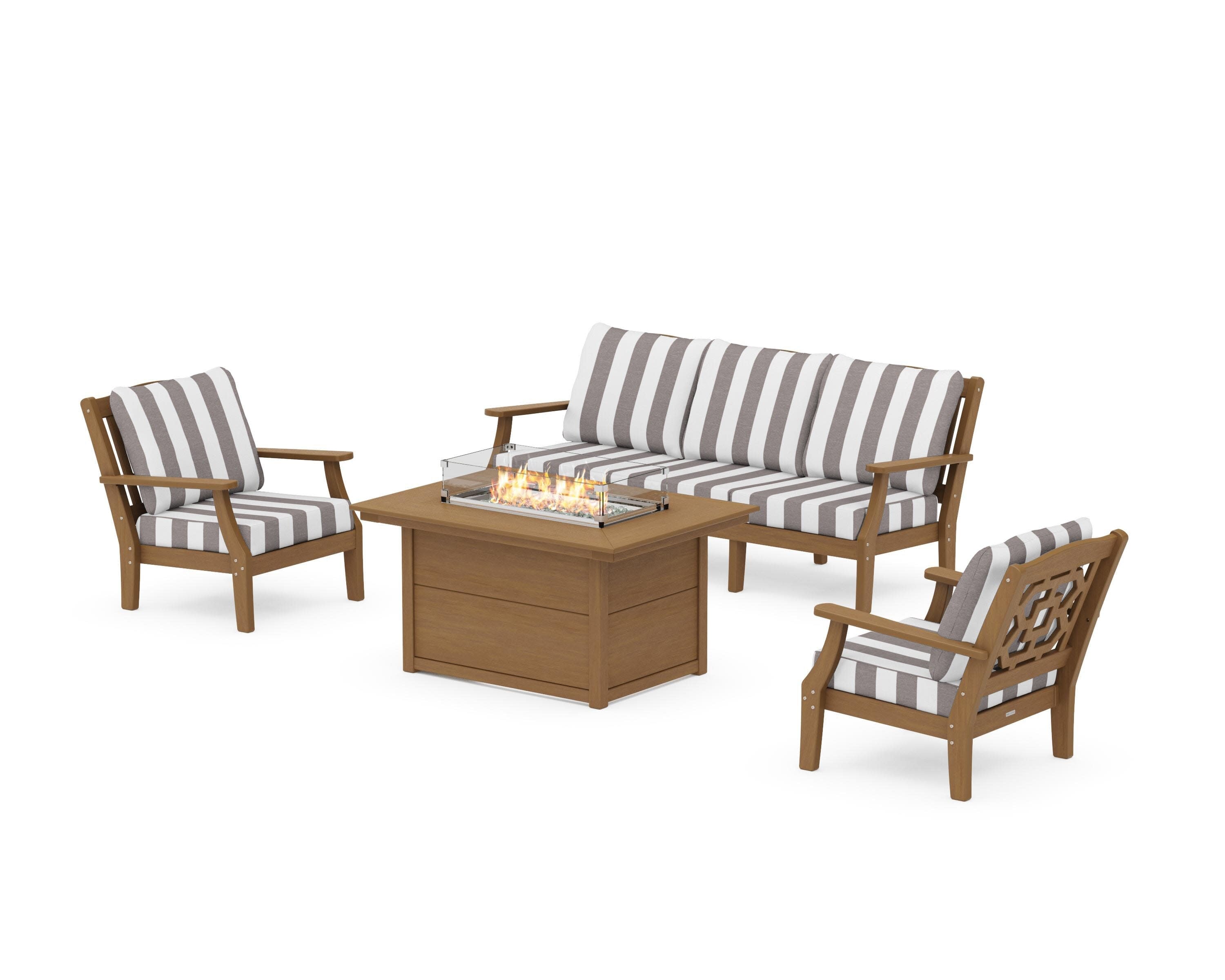 Chinoiserie Deep Seating Fire Pit Table Set in Natural / Cabana Stripe Grey Mist