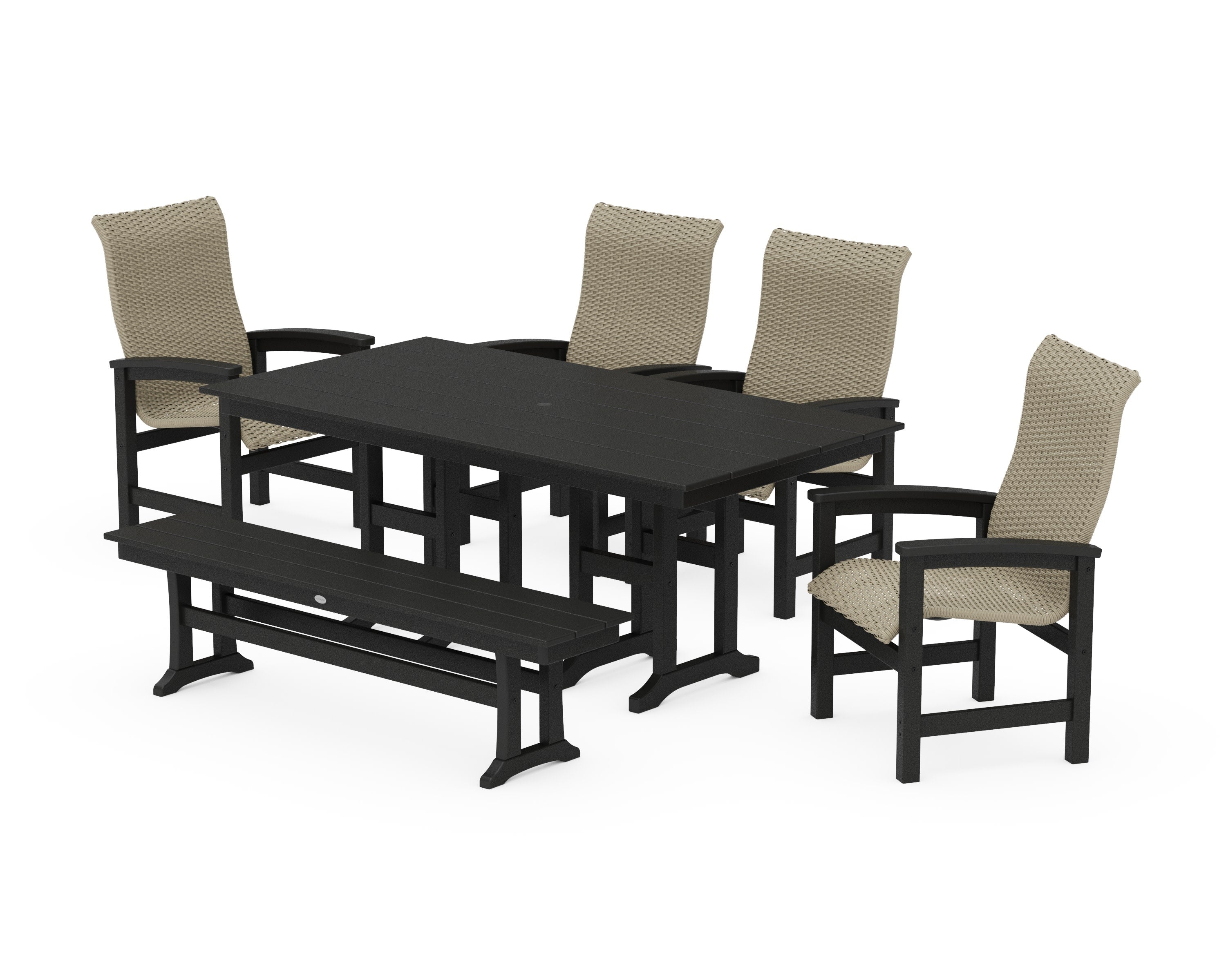 Coastal Woven High-Back 6-Piece Farmhouse Dining Set with Bench in Black / Dune Grass
