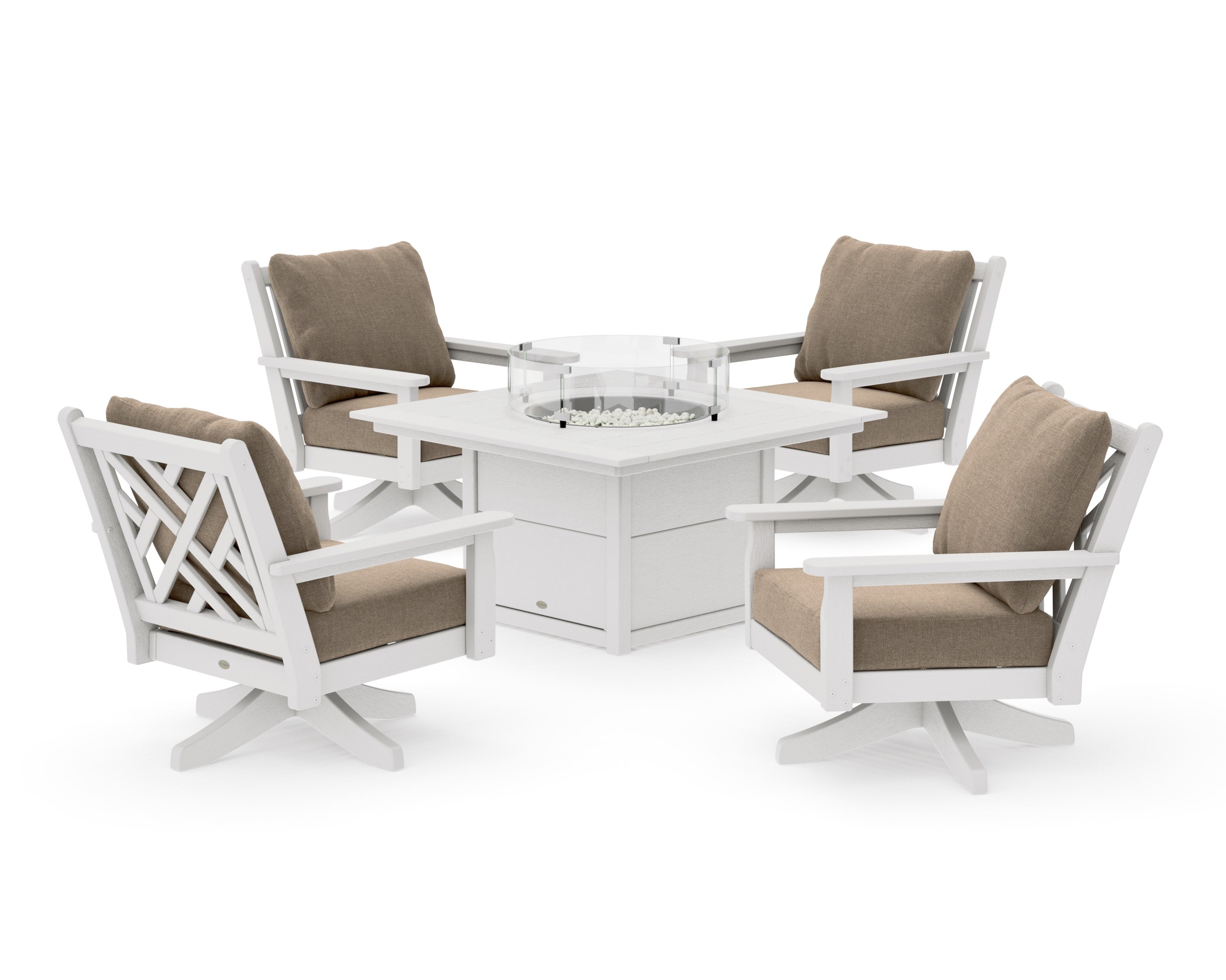 Chippendale 5-Piece Deep Seating Swivel Conversation Set with Fire Pit Table in Vintage White / Spiced Burlap