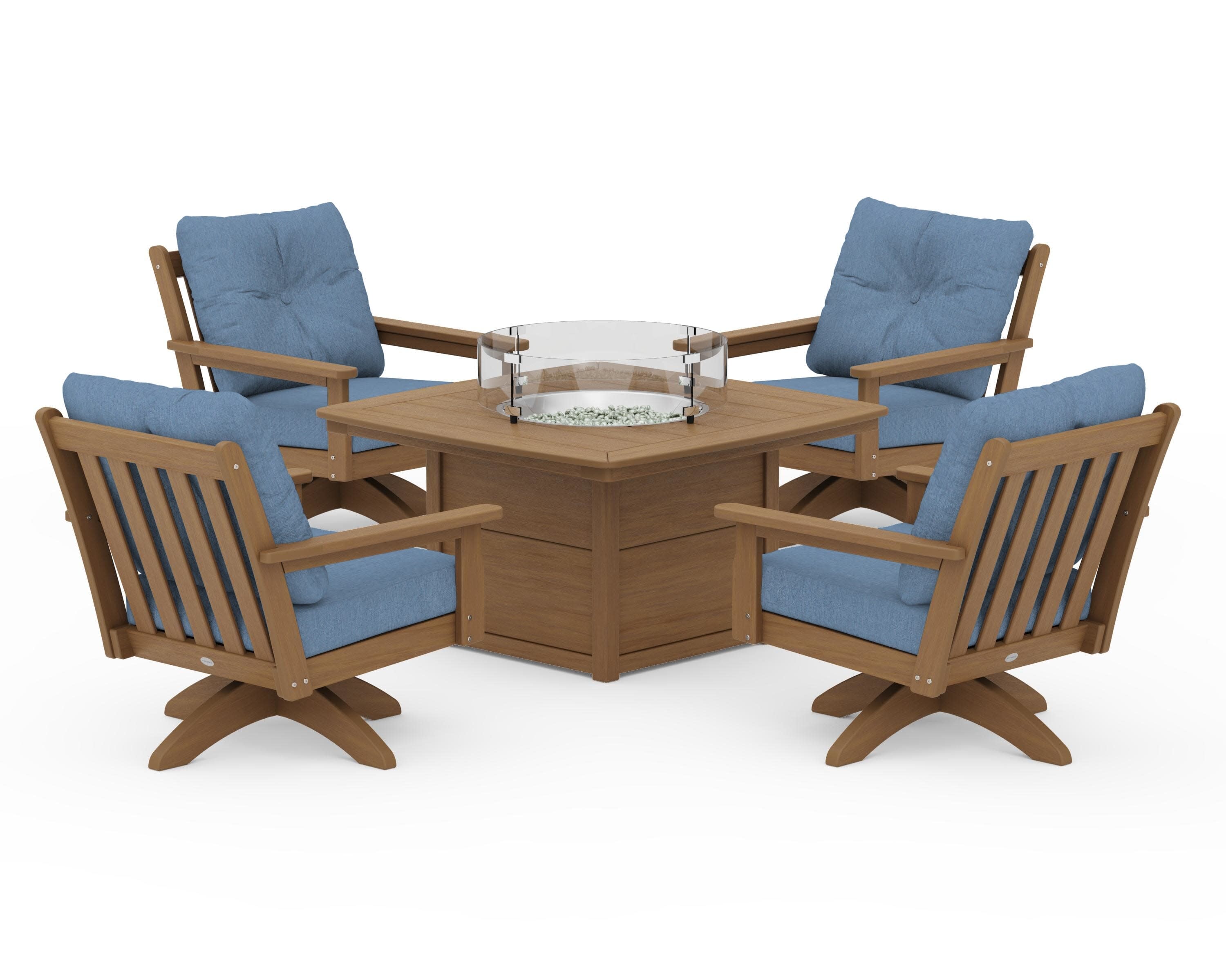 Vineyard 5-Piece Deep Seating Swivel Conversation Set with Fire Pit Table in Natural / Sky Blue