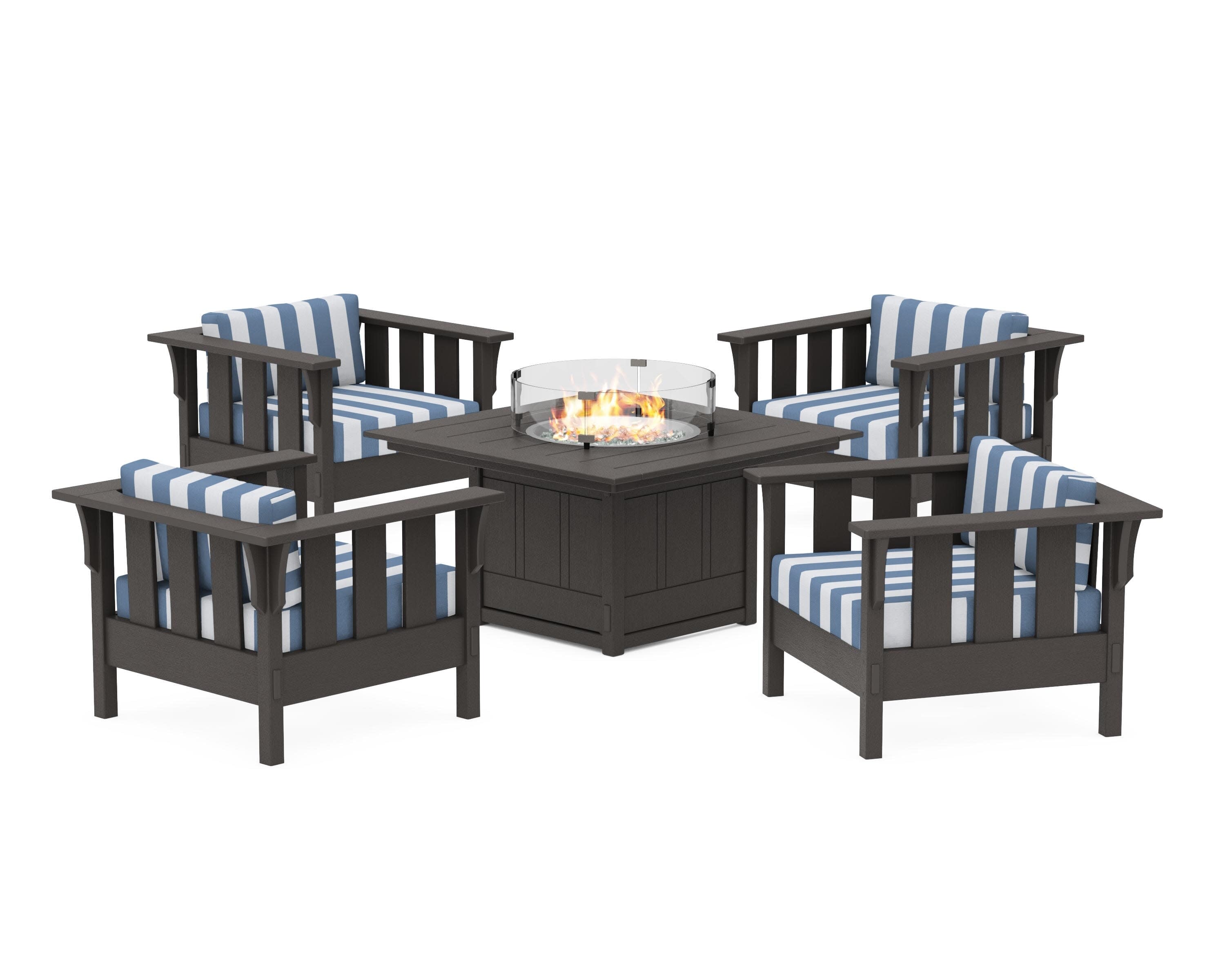 Acadia 5-Piece Deep Seating Set with Fire Pit Table in Vintage Coffee / Cabana Stripe Sky Blue
