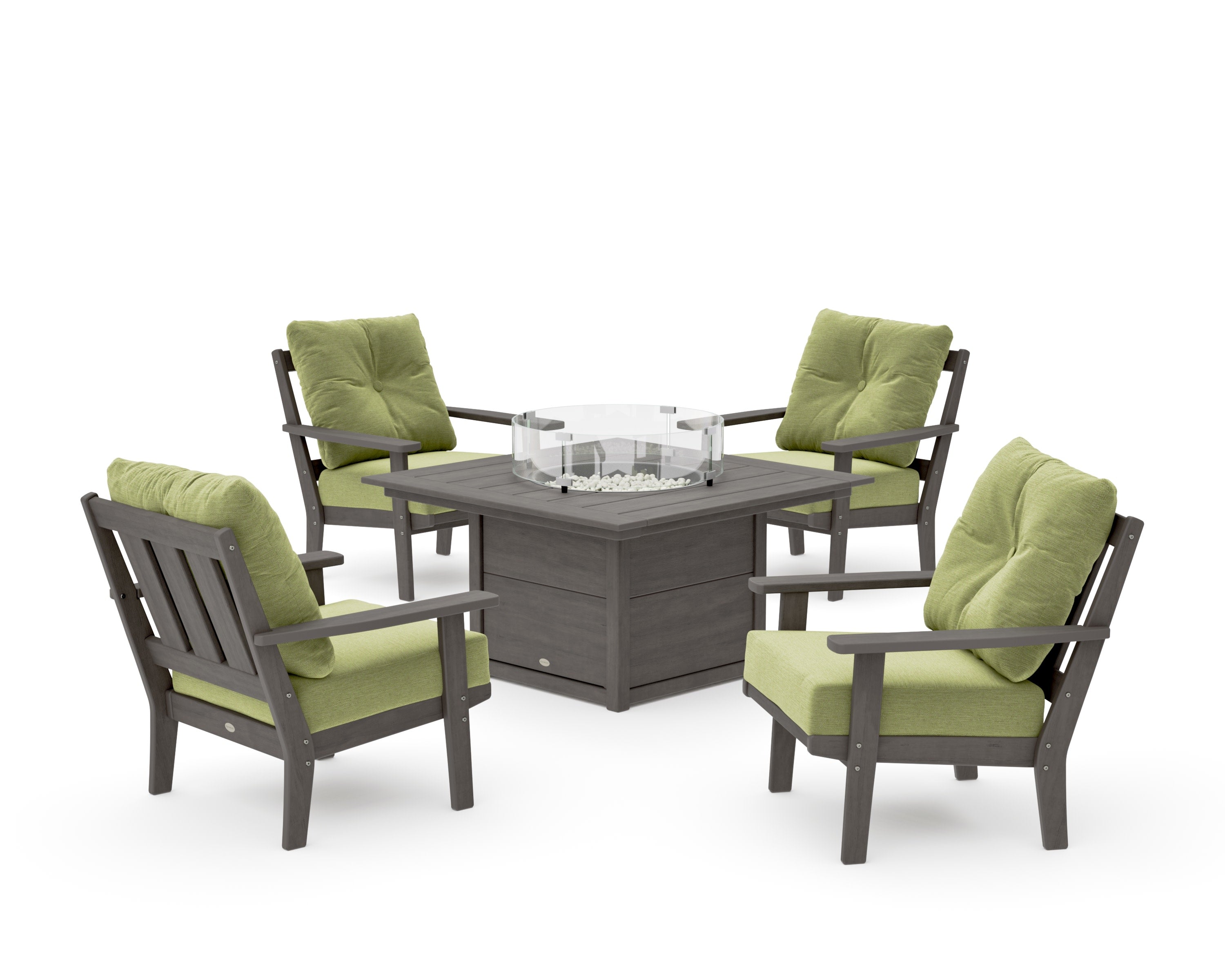 Oxford 5-Piece Deep Seating Set with Fire Pit Table in Driftwood / Chartreuse Boucle