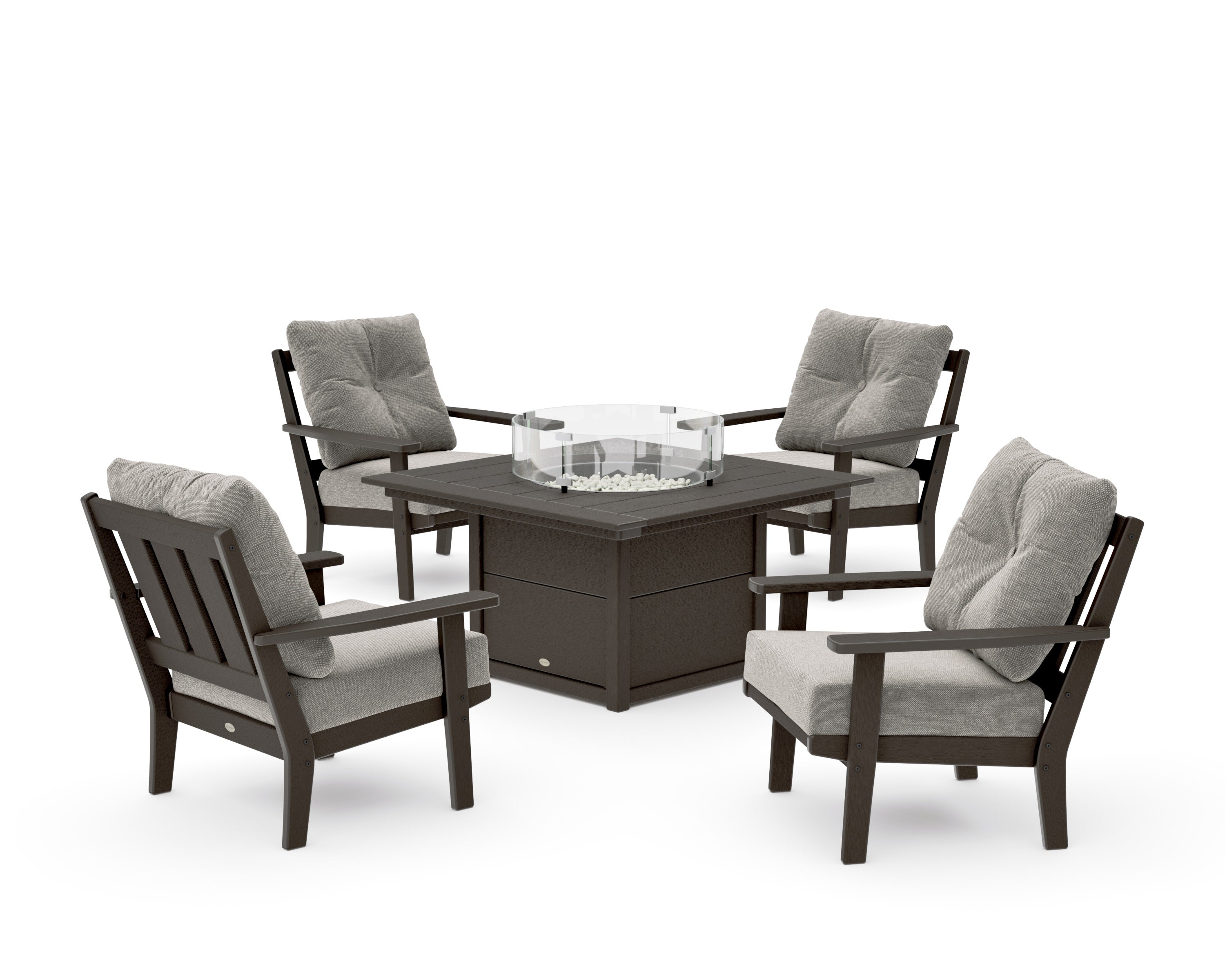 Oxford 5-Piece Deep Seating Set with Fire Pit Table in Vintage Coffee / Weathered Tweed