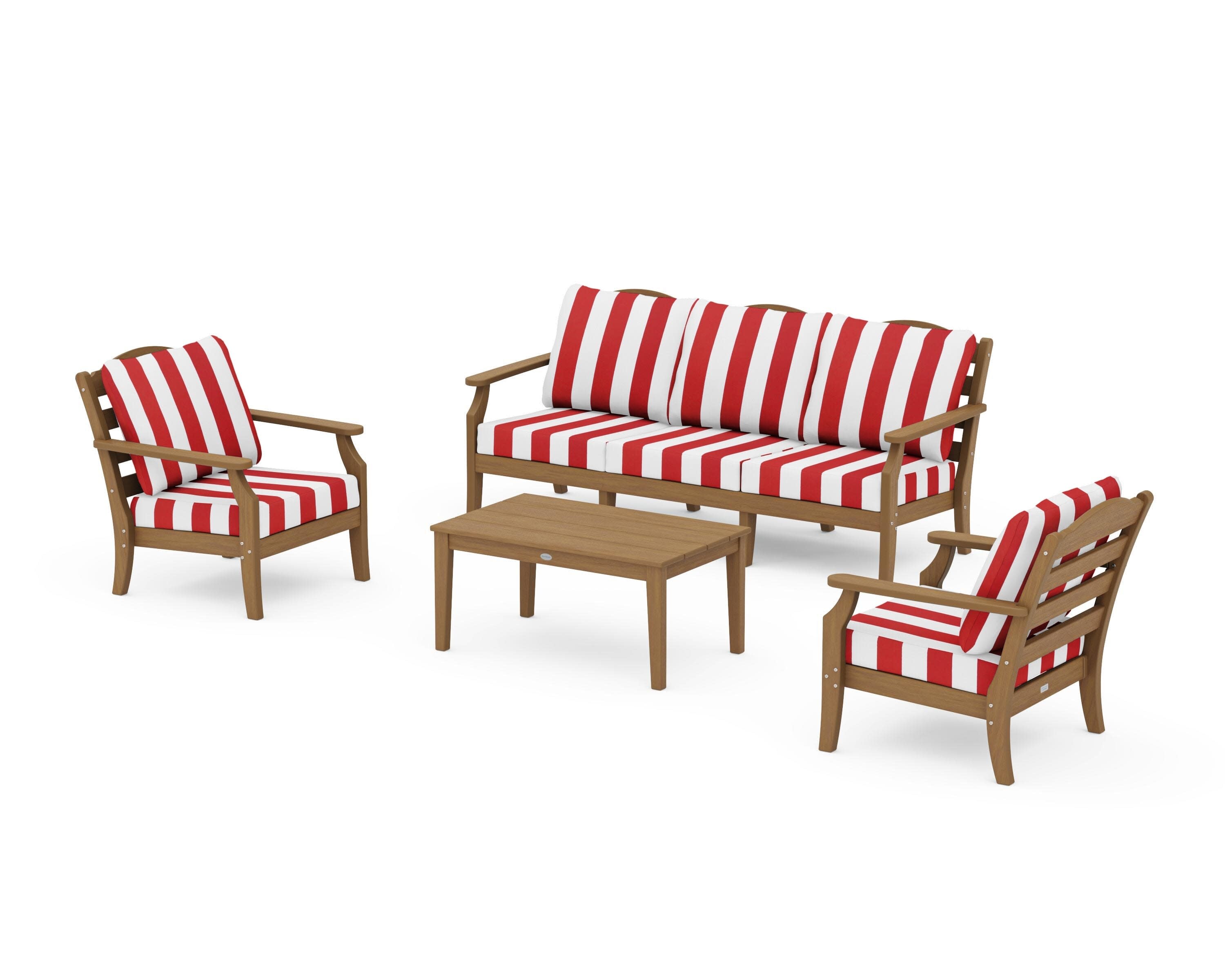 Savannah 4-Piece Deep Seating Set with Sofa in Natural / Cabana Stripe Crimson