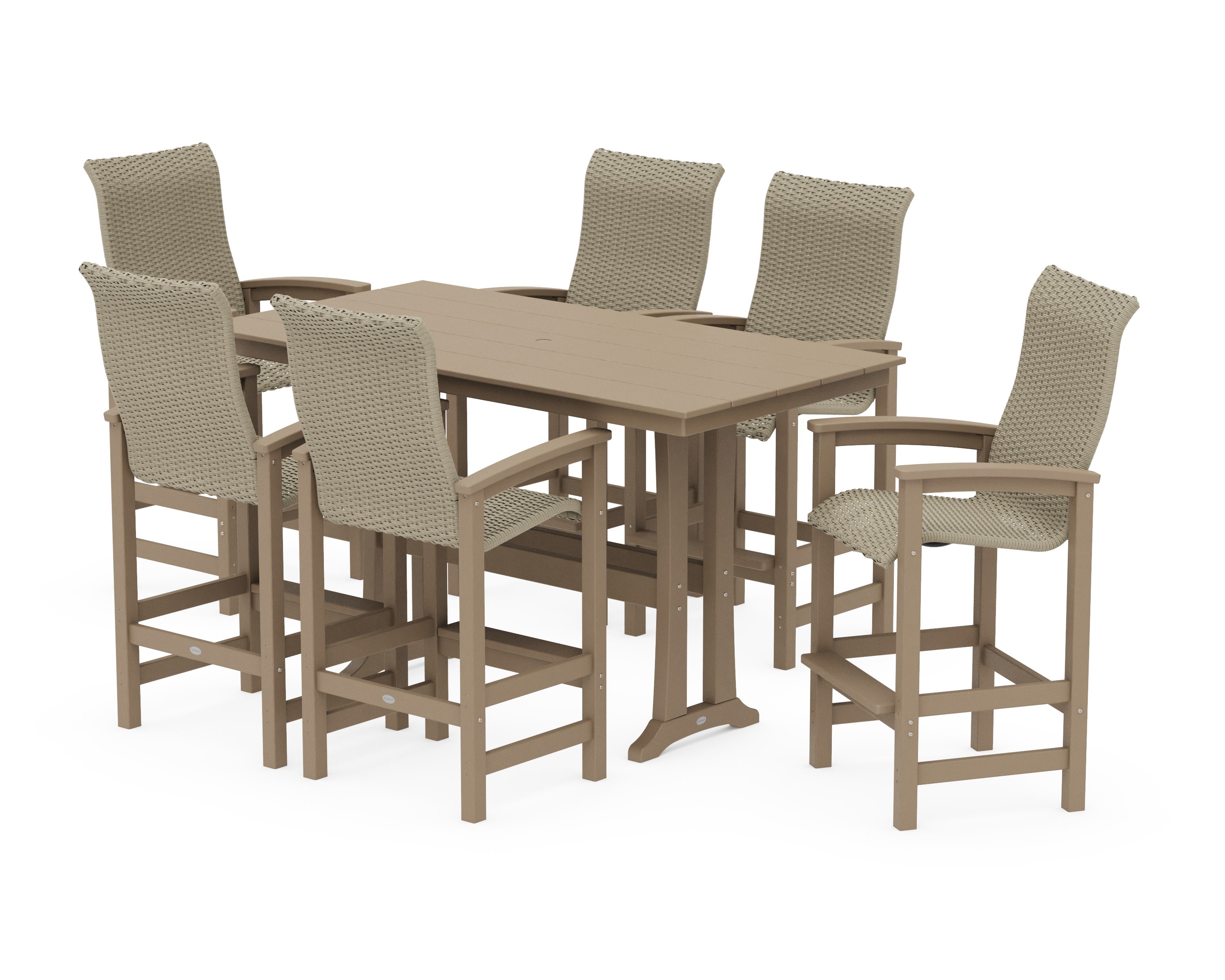 Coastal Woven High-Back Arm Chair 7-Piece Farmhouse Bar Set with Trestle Legs in Vintage Sahara / Dune Grass