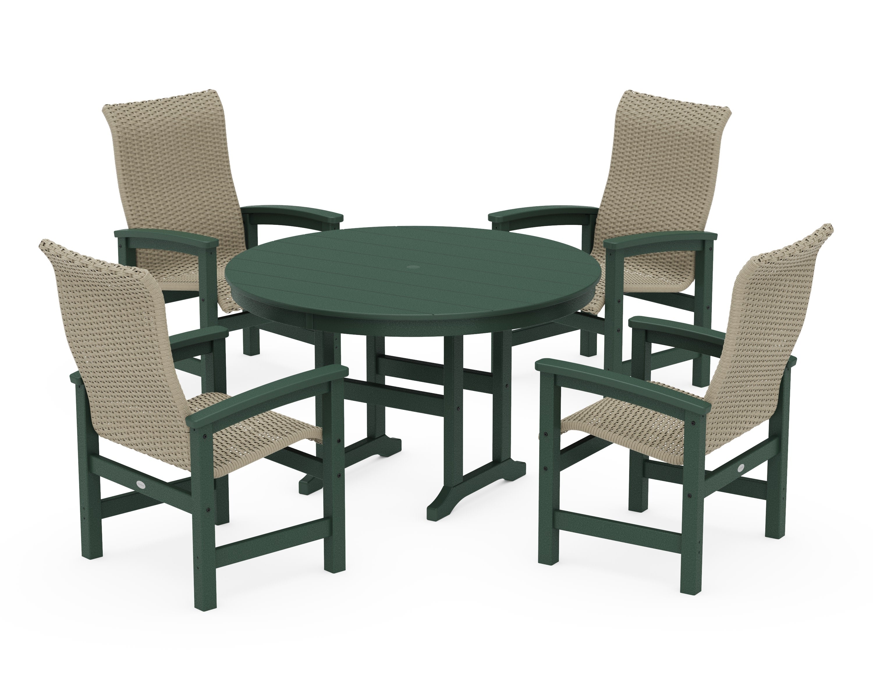 Coastal Woven High-Back 5-Piece Round Farmhouse Dining Set in Green / Dune Grass
