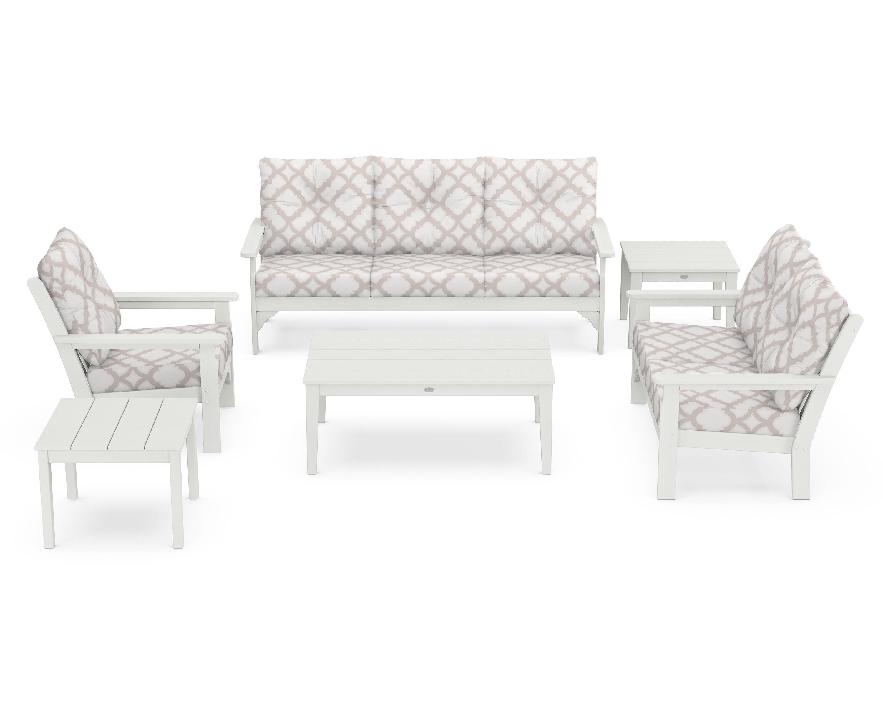 Vineyard 6-Piece Deep Seating Set in Vintage White / Trellis Dune Burlap