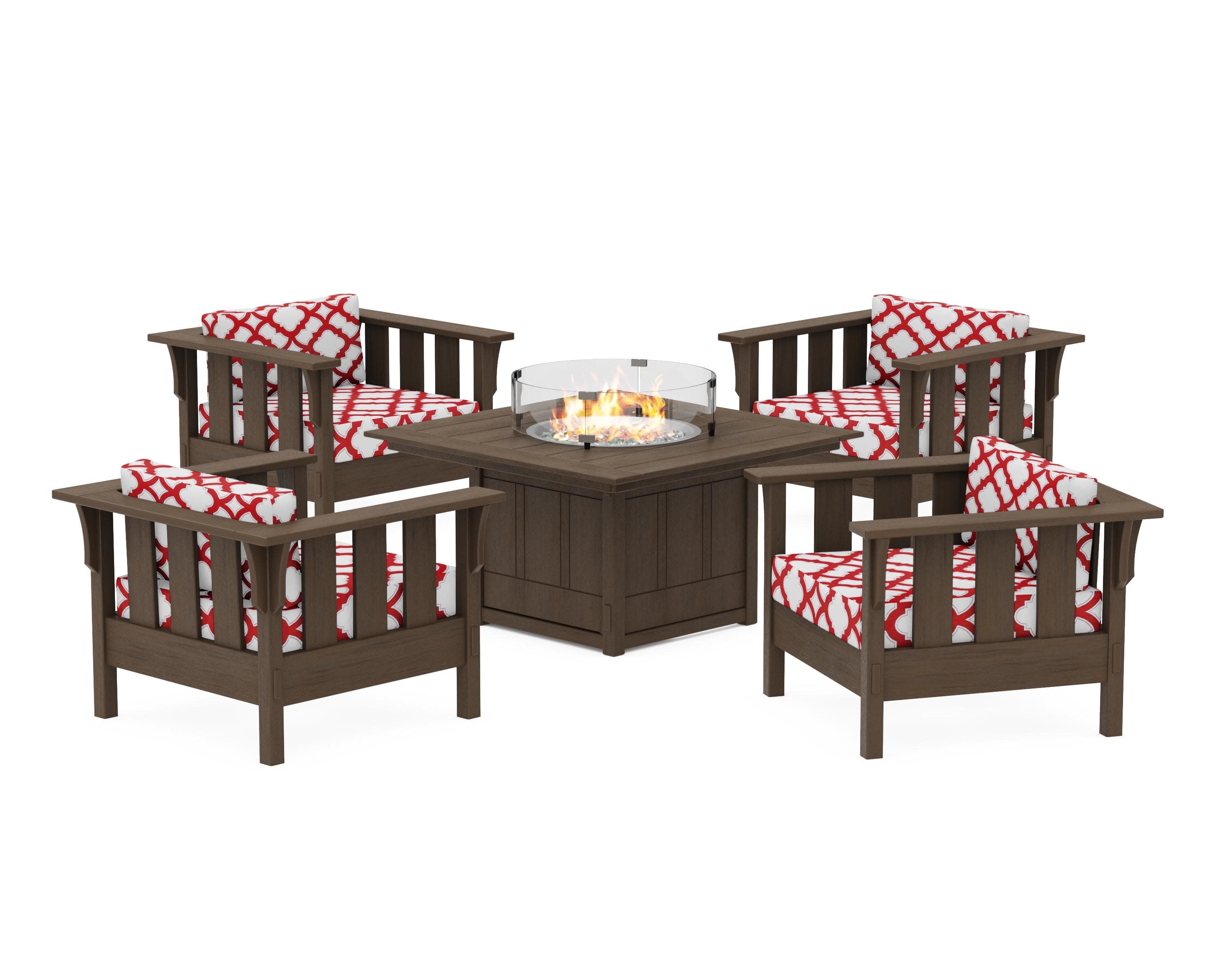 Acadia 5-Piece Deep Seating Set with Fire Pit Table in Kona / Trellis Crimson