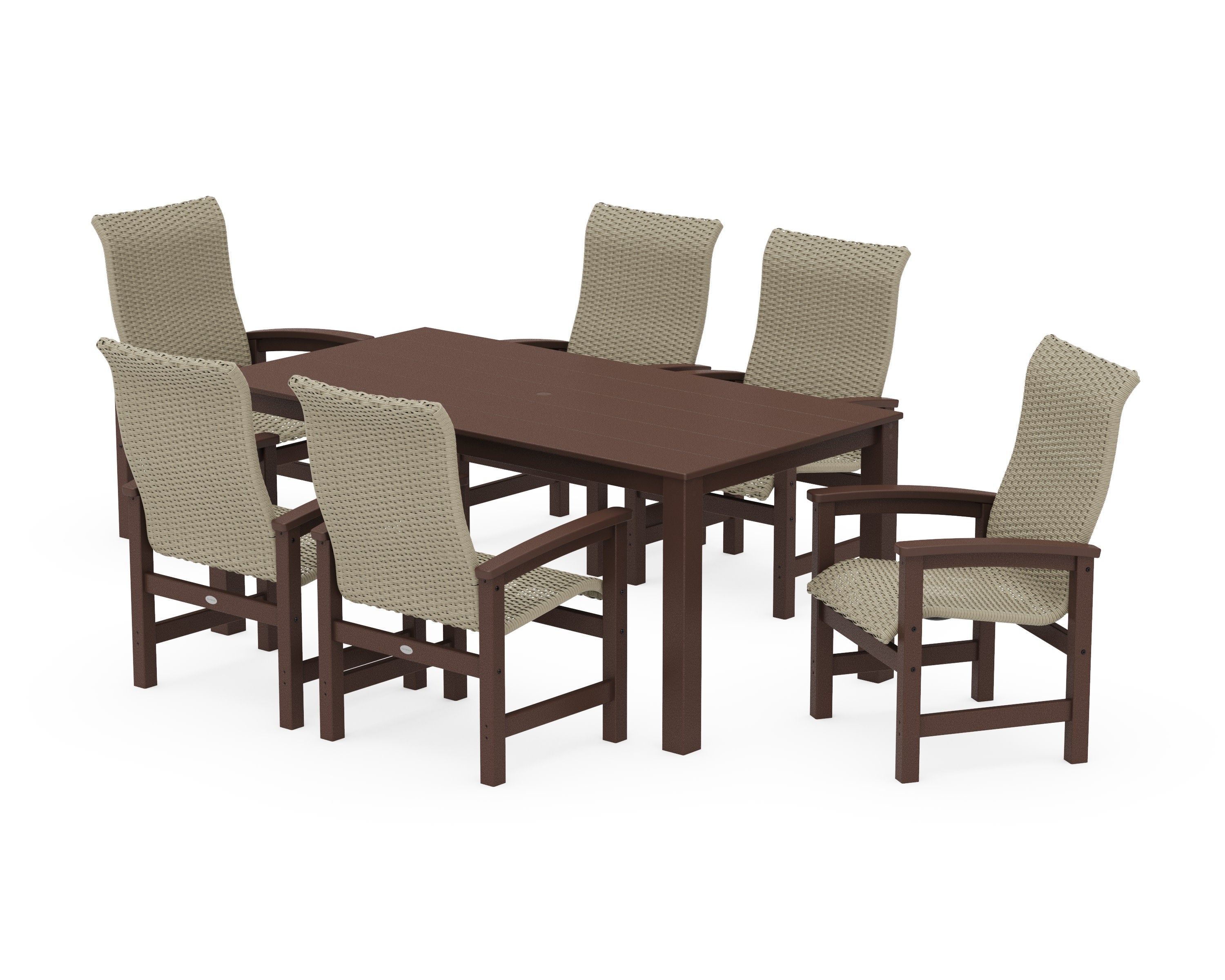 Coastal Woven High-Back Arm Chair 7-Piece Parsons Dining Set in Mahogany / Dune Grass