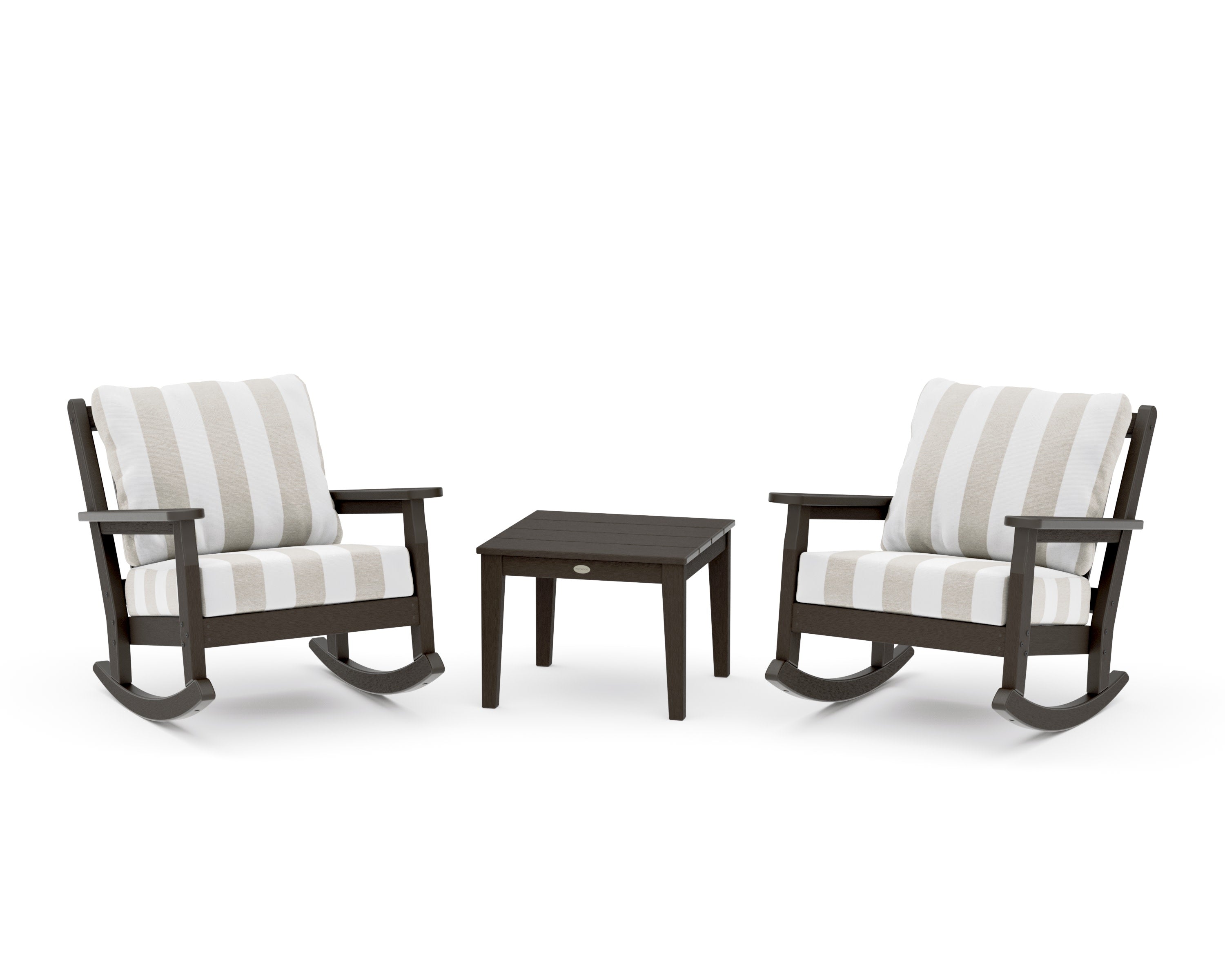 Chippendale 3-Piece Deep Seating Rocker Set in Vintage Coffee / Cabana Stripe Dune Burlap