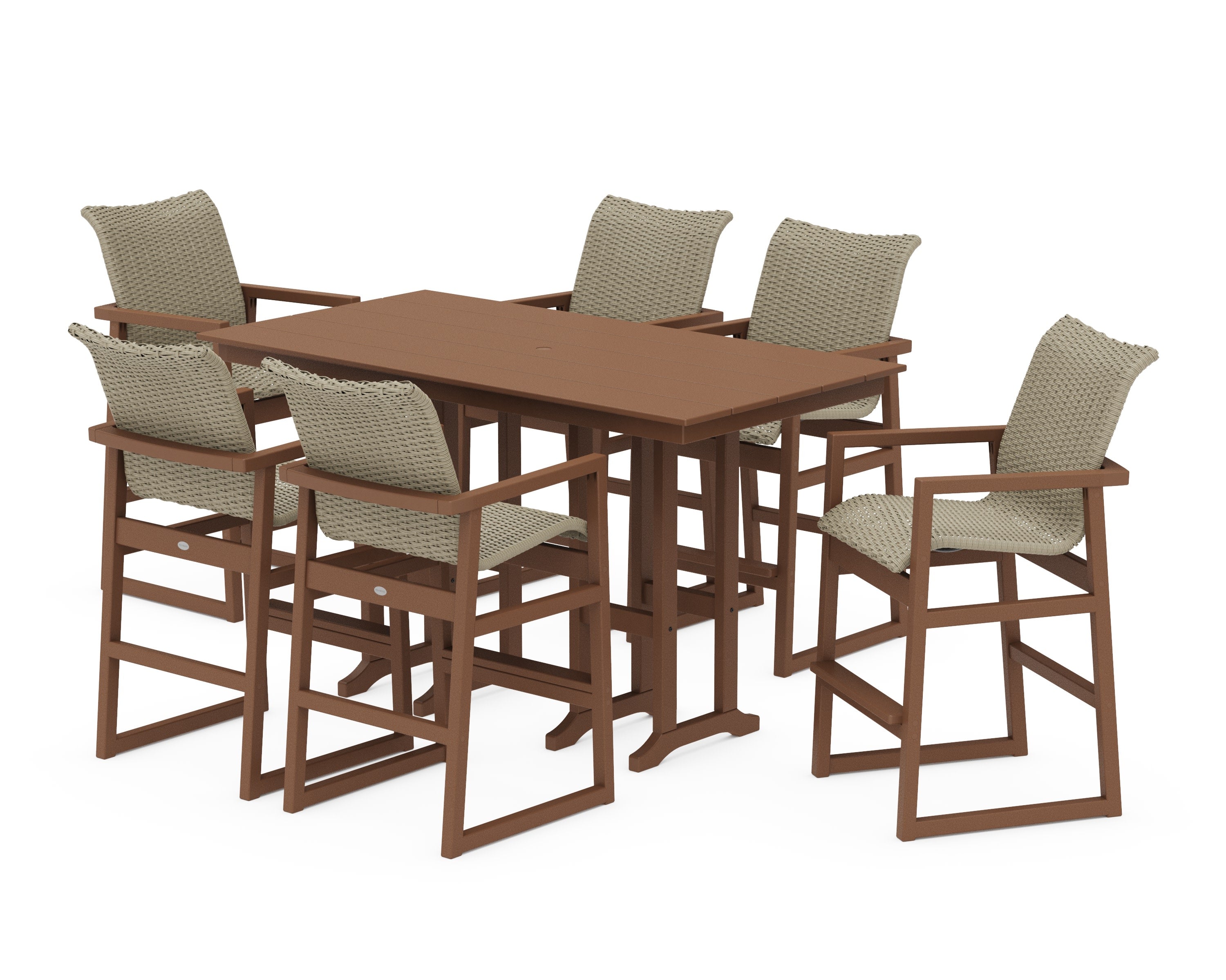 EDGE Woven Arm Chair 7-Piece Farmhouse Bar Set in Teak / Dune Grass