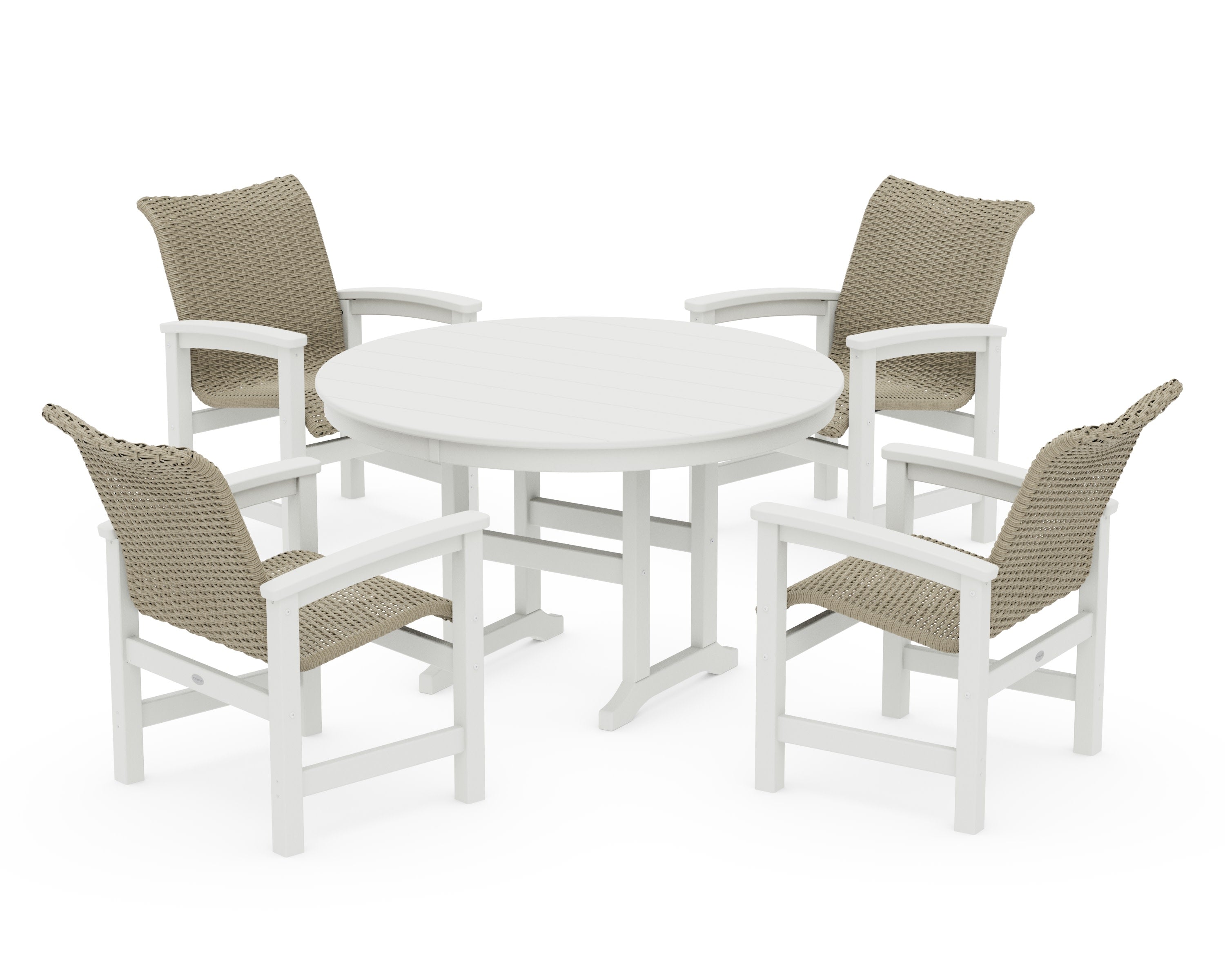 Coastal Woven 5-Piece Round Farmhouse Dining Set in Vintage White / Dune Grass