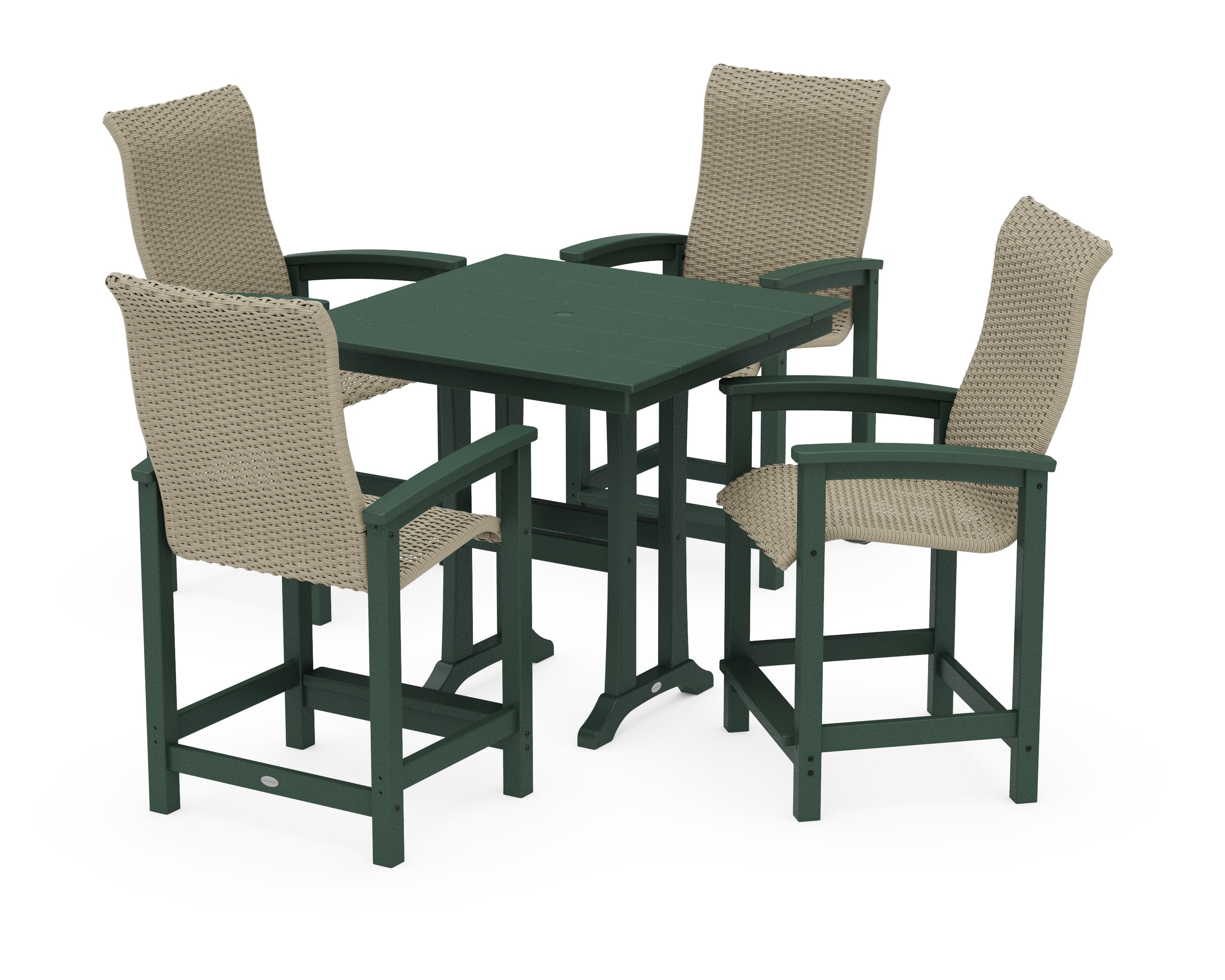 Coastal Woven High-Back 5-Piece Farmhouse Counter Set with Trestle Legs in Green / Dune Grass
