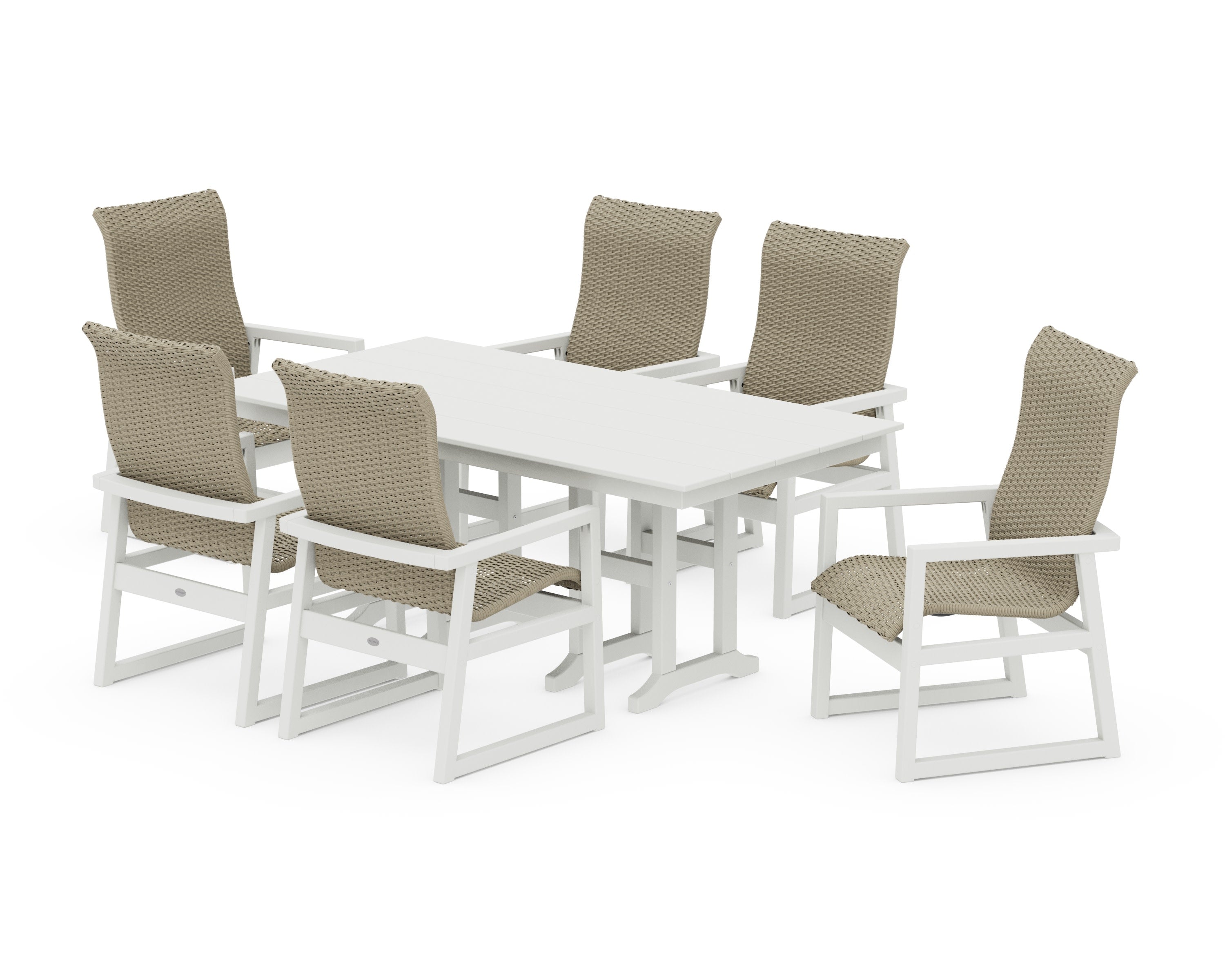 EDGE Woven Highback Arm Chair 7-Piece Farmhouse Dining Set in White / Dune Grass