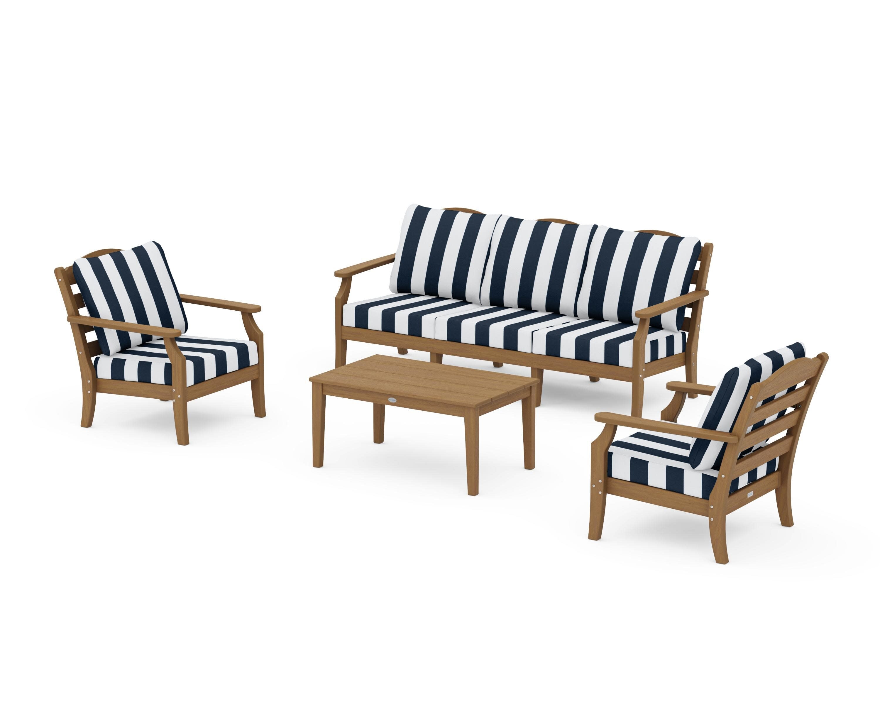 Savannah 4-Piece Deep Seating Set with Sofa in Natural / Cabana Stripe Marine Indigo