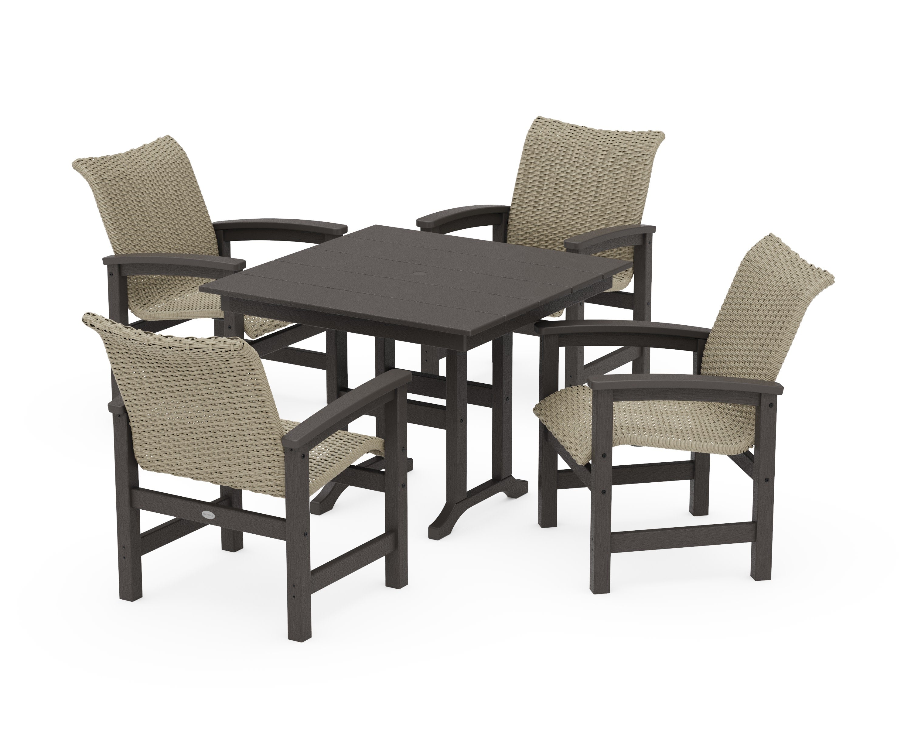 Coastal Woven 5-Piece Farmhouse Dining Set in Vintage Coffee / Dune Grass