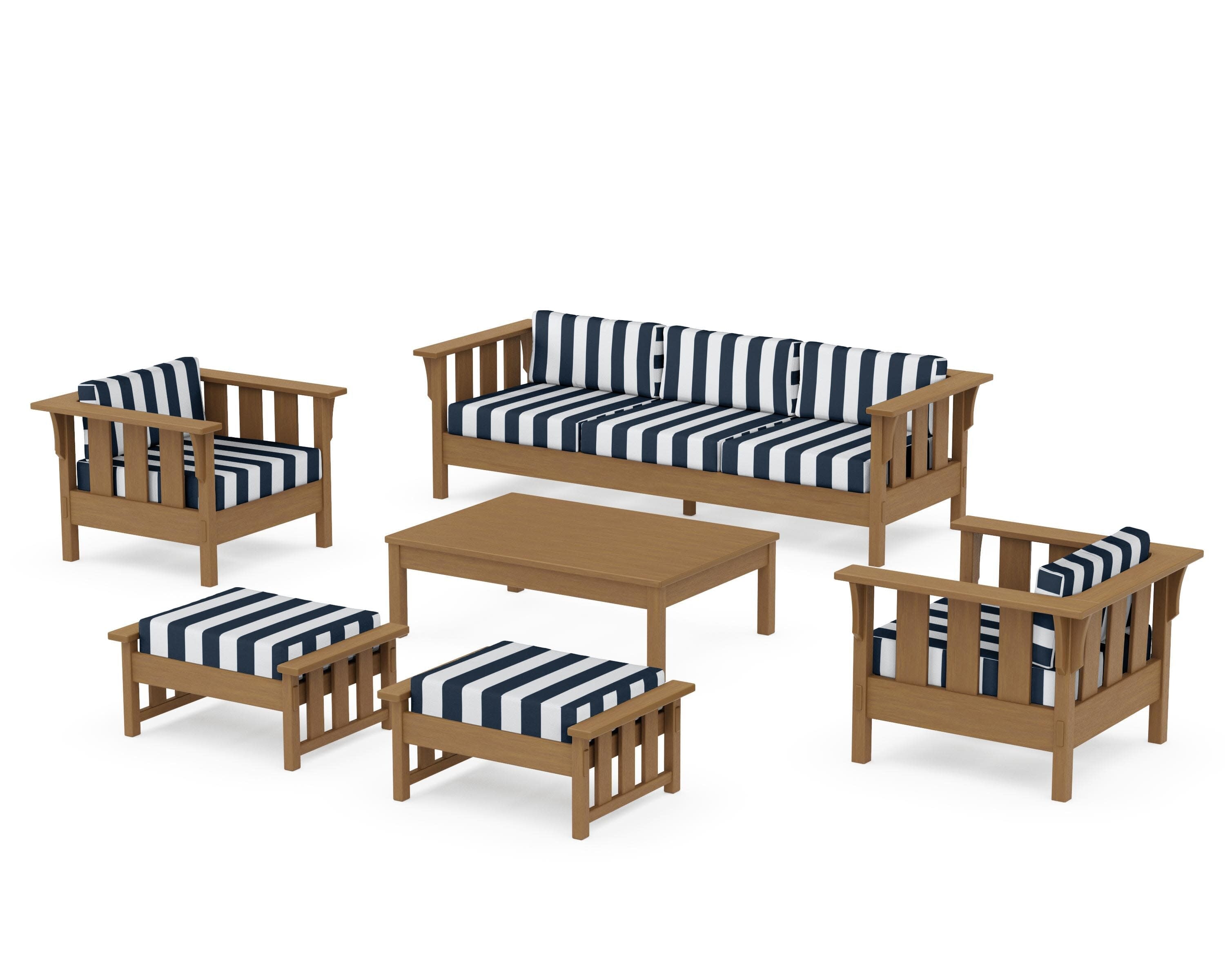 Acadia 6-Piece Lounge Sofa Set in Natural / Cabana Stripe Marine Indigo