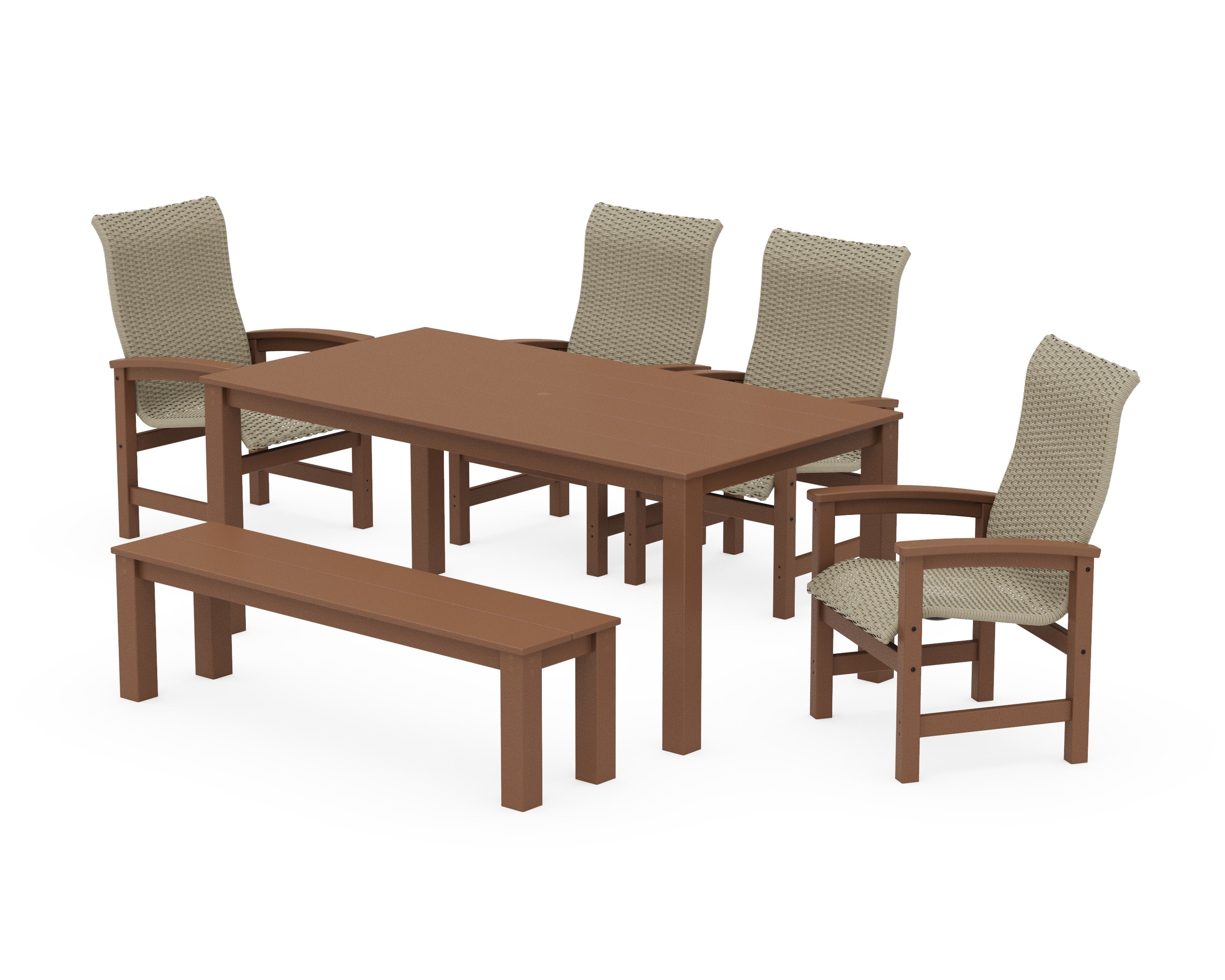 Coastal Woven High-Back 6-Piece Parsons Dining Set with Bench in Teak / Dune Grass