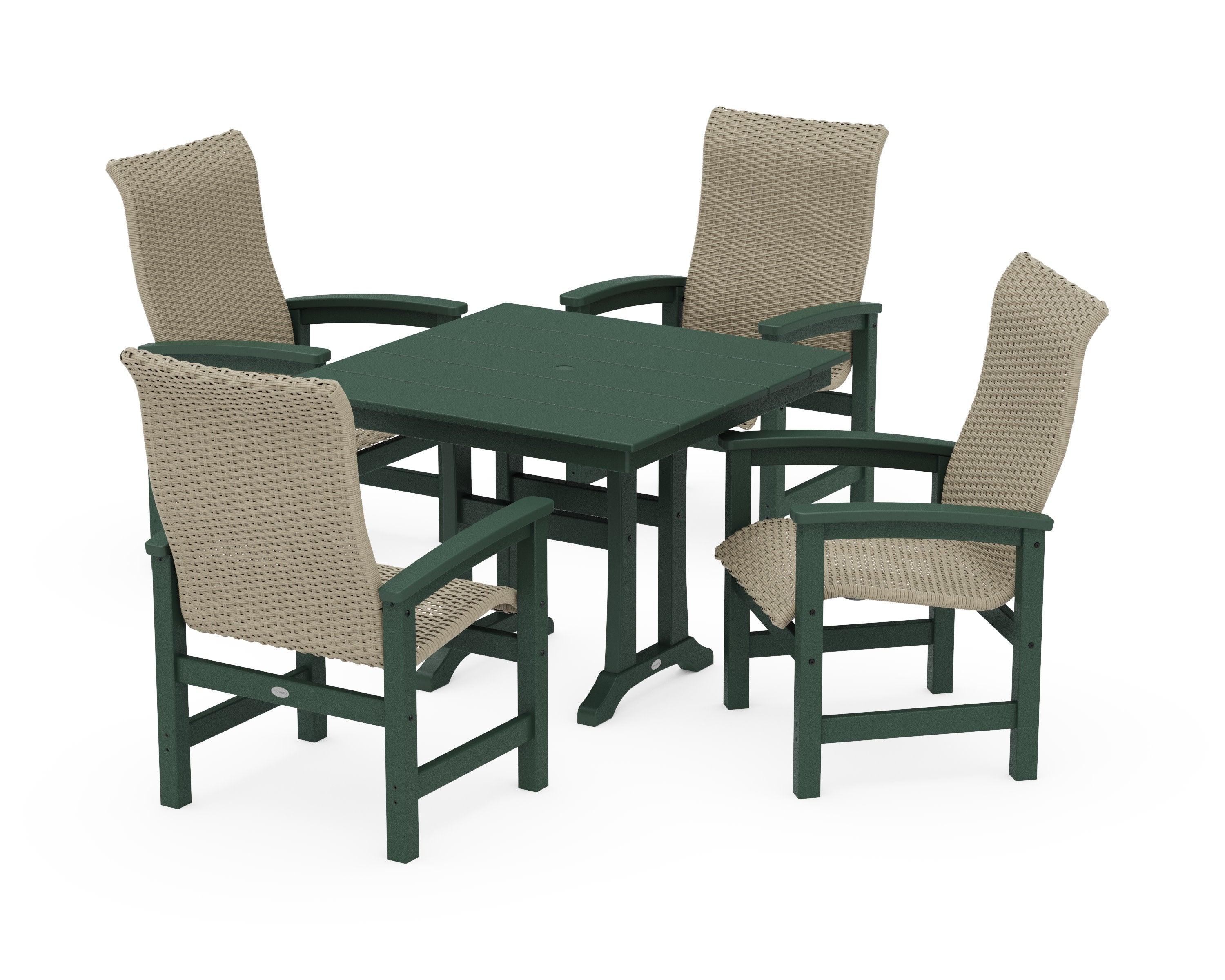 Coastal Woven High-Back 5-Piece Farmhouse Dining Set with Trestle Legs in Green / Dune Grass