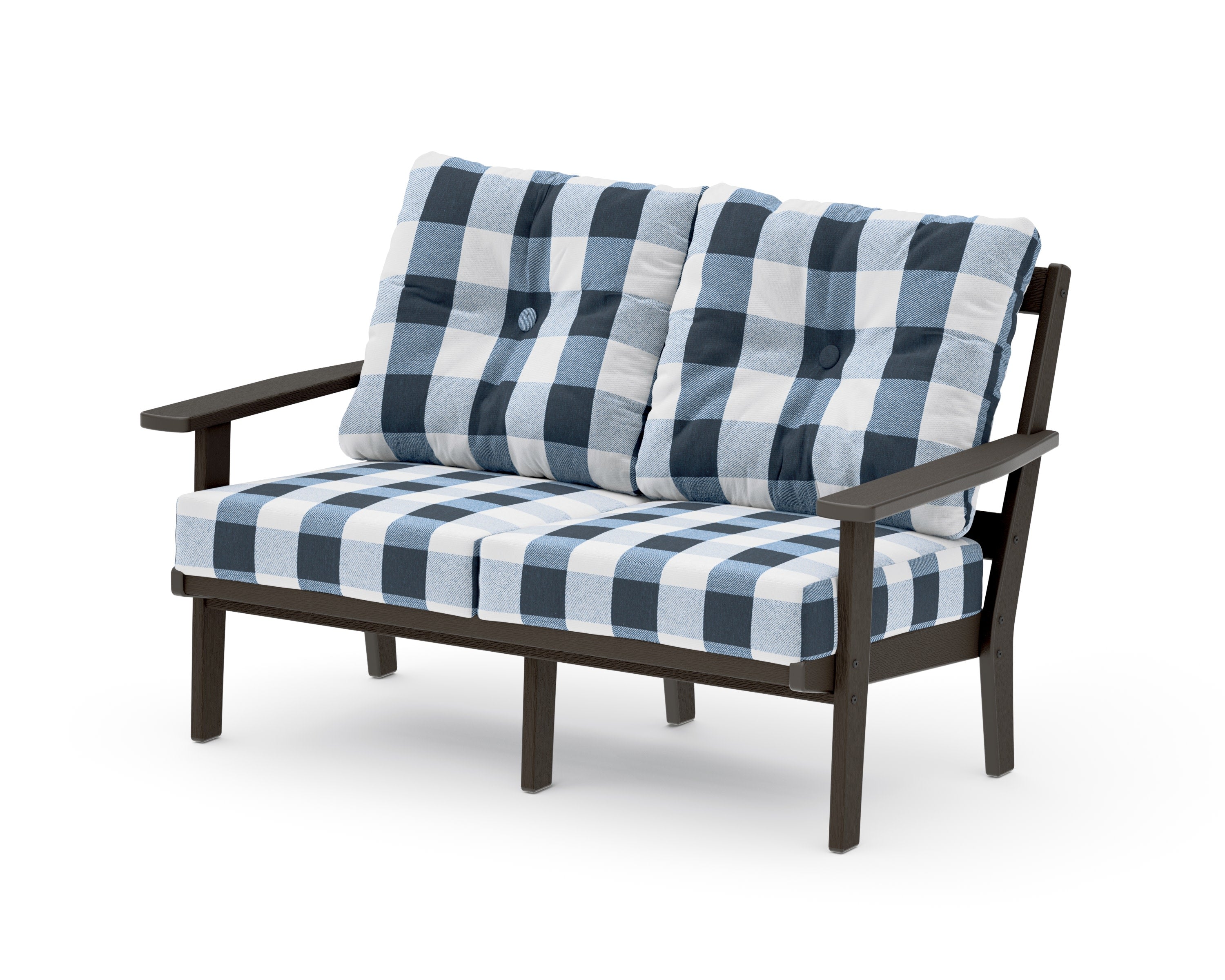 Oxford Deep SeatingLoveseat in Vintage Coffee / Buffalo Plaid Marine Indigo