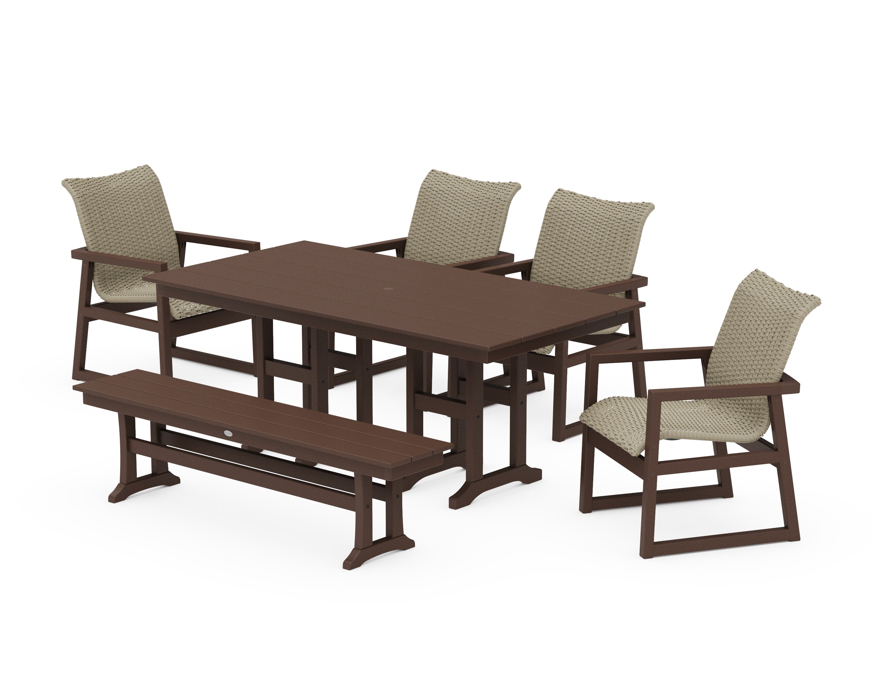 EDGE Woven 6-Piece Farmhouse Dining Set with Bench in Mahogany / Dune Grass