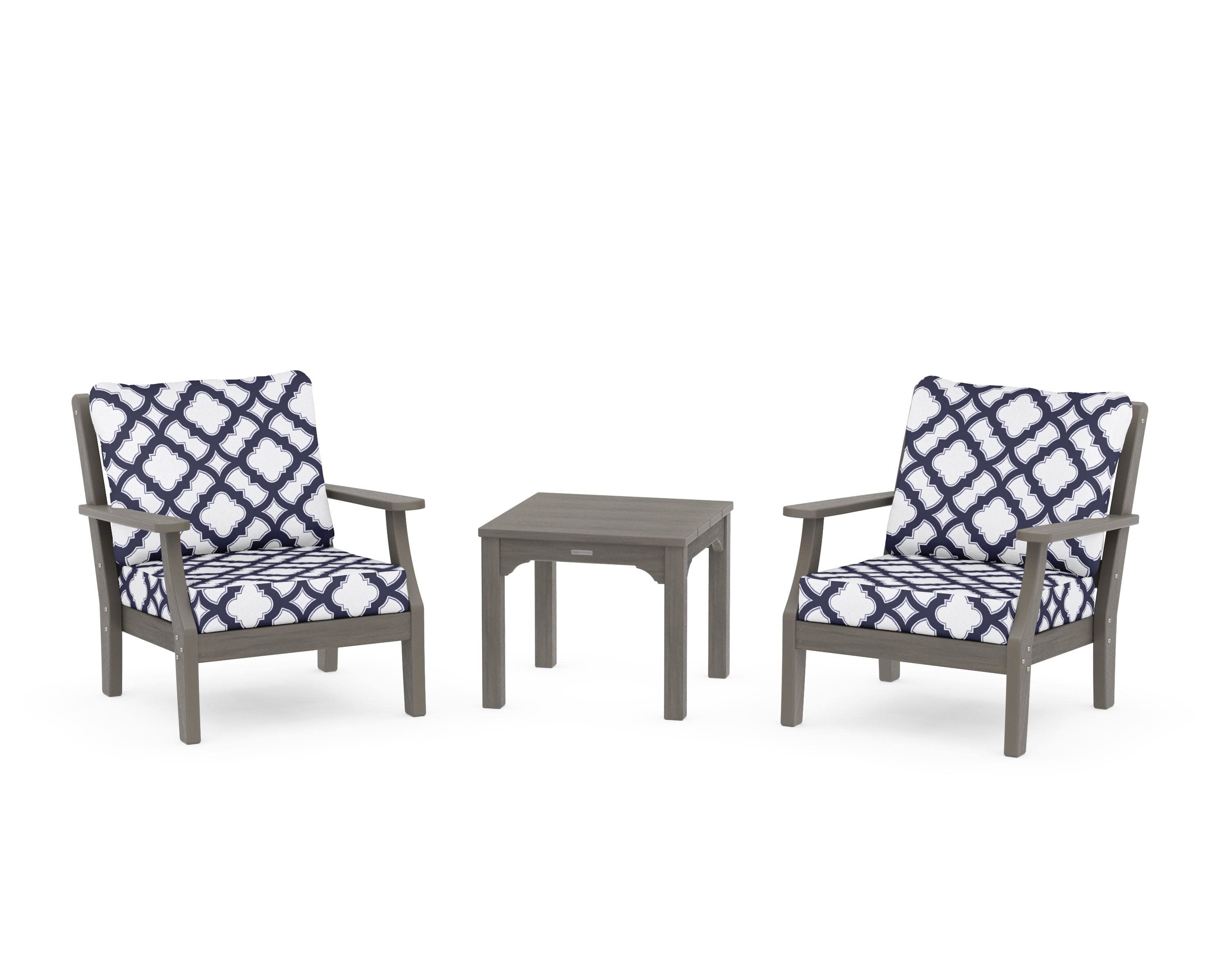 Chinoiserie 3-Piece Deep Seating Set in Driftwood / Trellis Navy