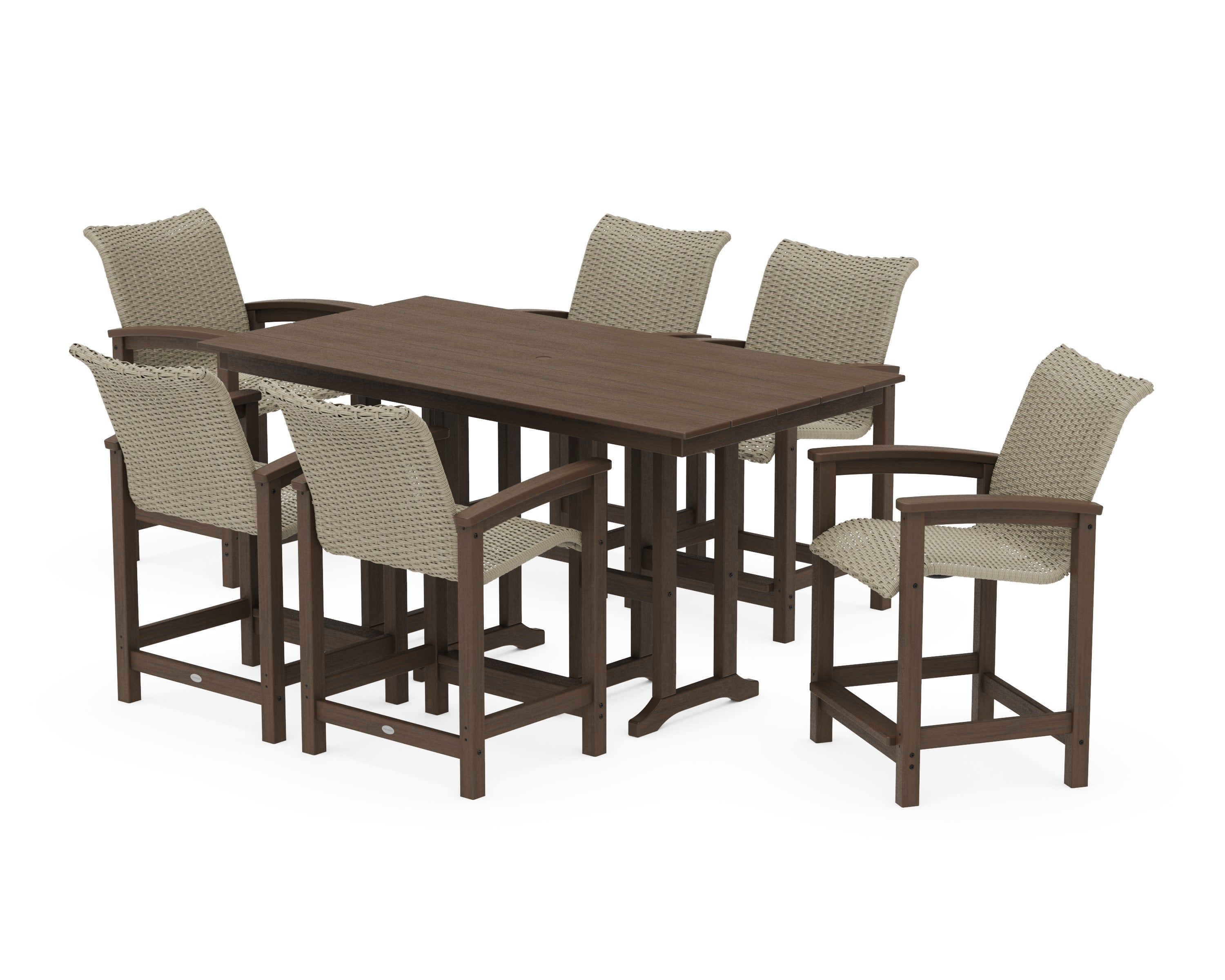 Coastal Woven Arm Chair 7-Piece Farmhouse Counter Set in Kona / Dune Grass