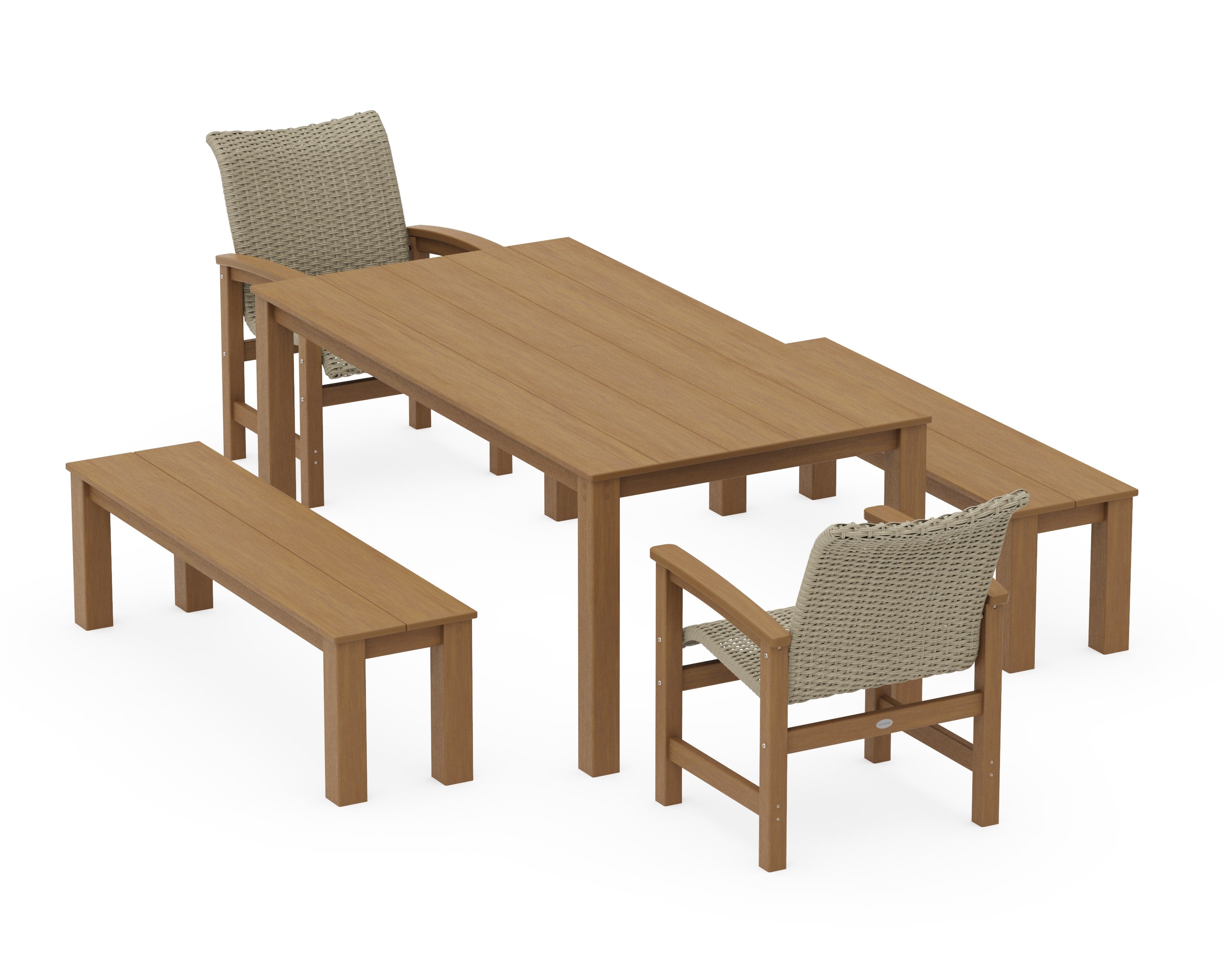 Coastal Woven 5-Piece Parsons Dining Set with Benches in Natural / Dune Grass