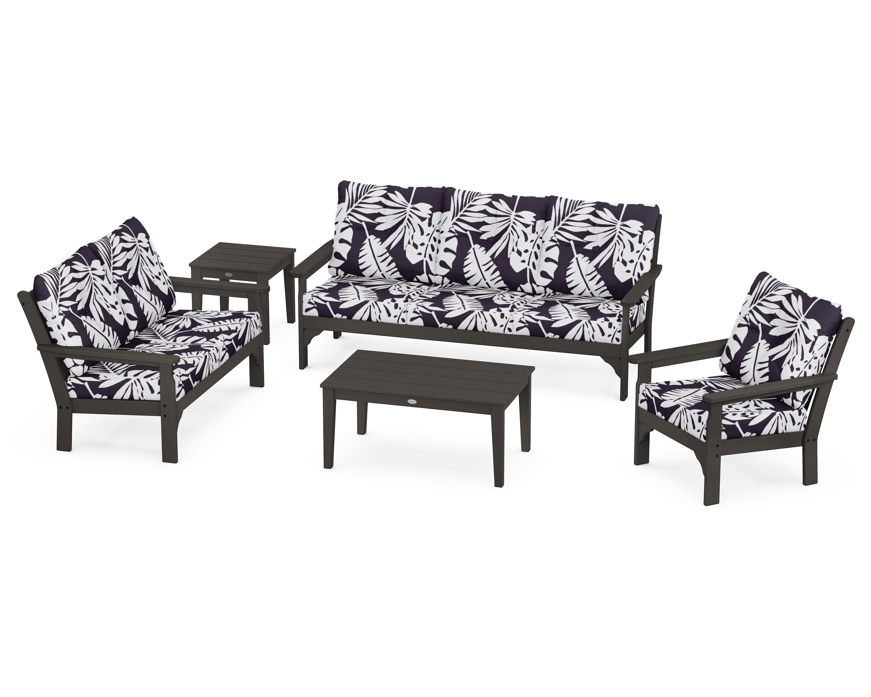 Vineyard 5 Piece Deep Seating Set in Vintage Coffee / Leaf Navy