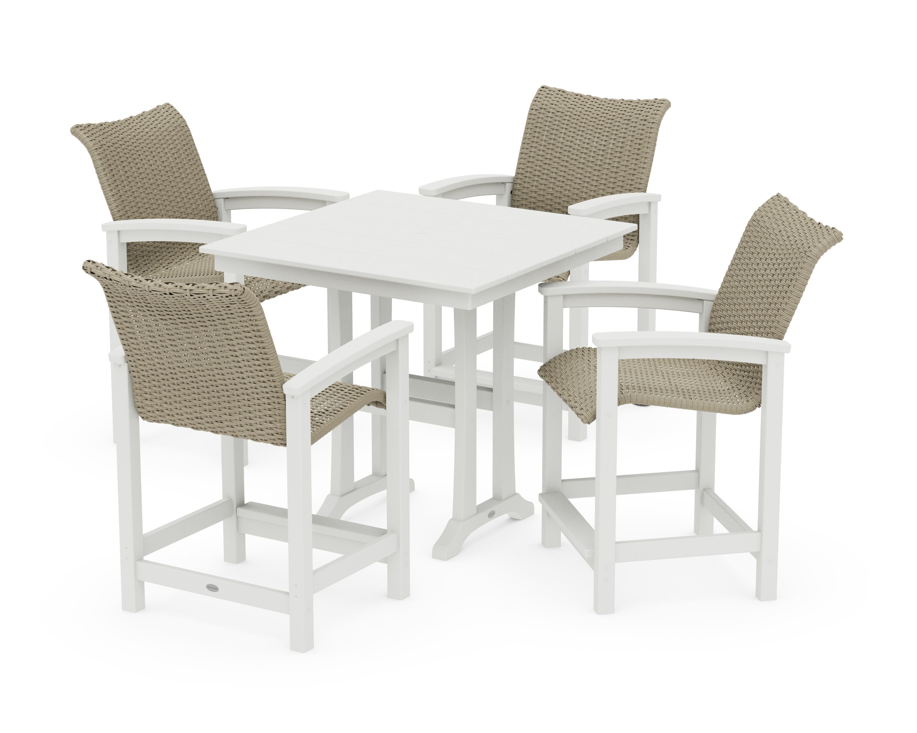 Coastal Woven 5-Piece Farmhouse Counter Set with Trestle Legs in White / Dune Grass