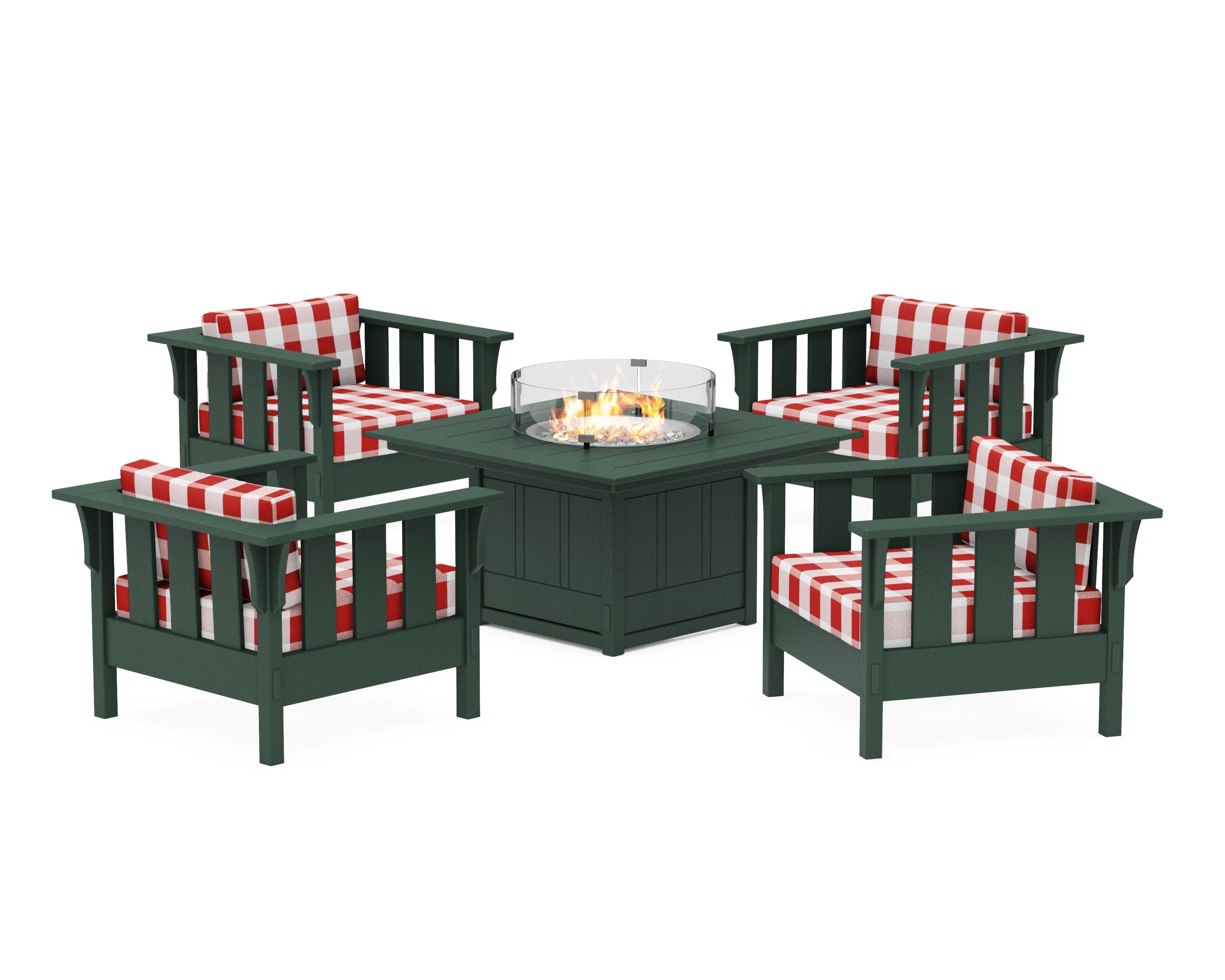 Acadia 5-Piece Deep Seating Set with Fire Pit Table in Green / Buffalo Plaid Crimson