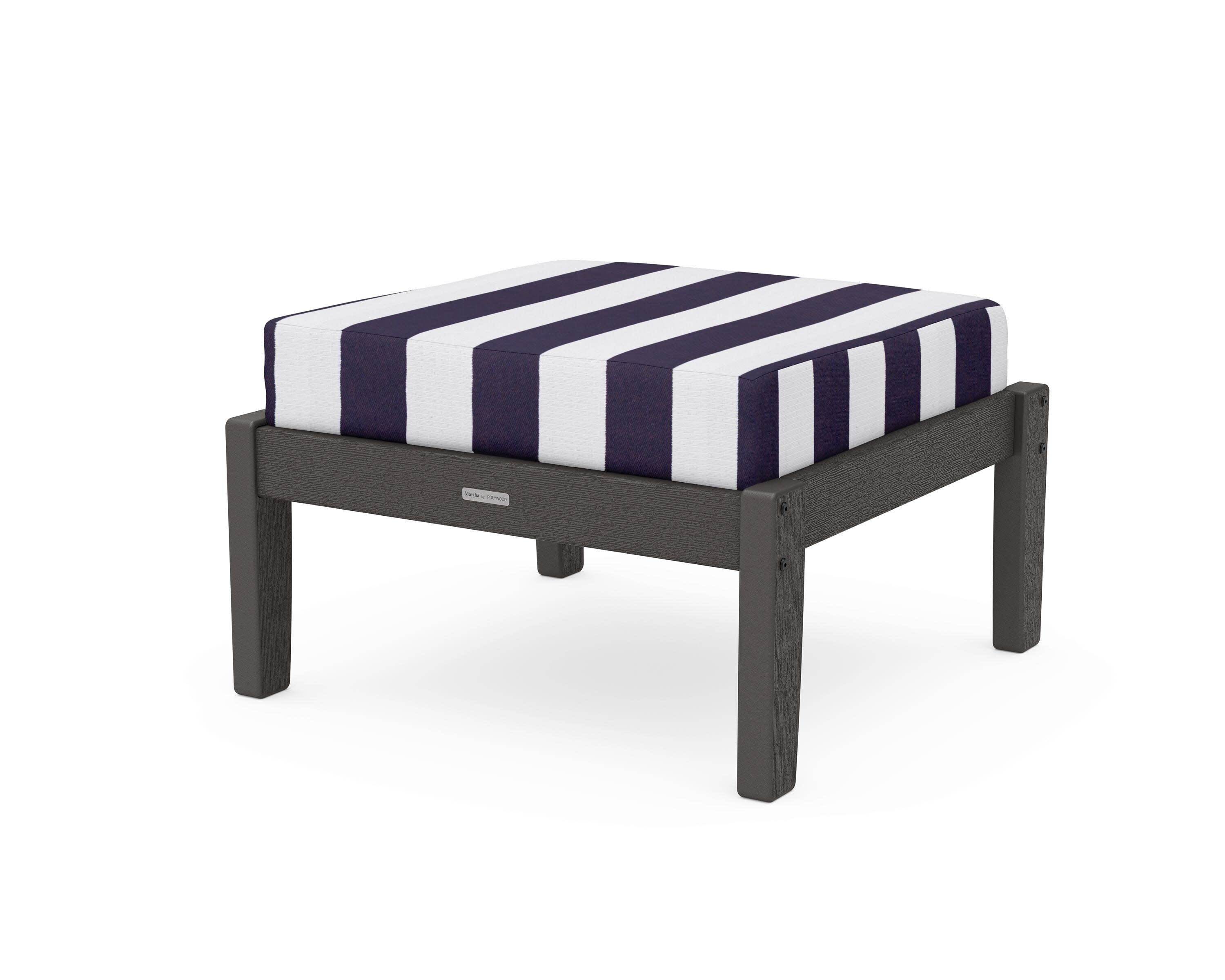 Chinoiserie Deep Seating Ottoman in Vintage Coffee / Cabana Stripe Navy
