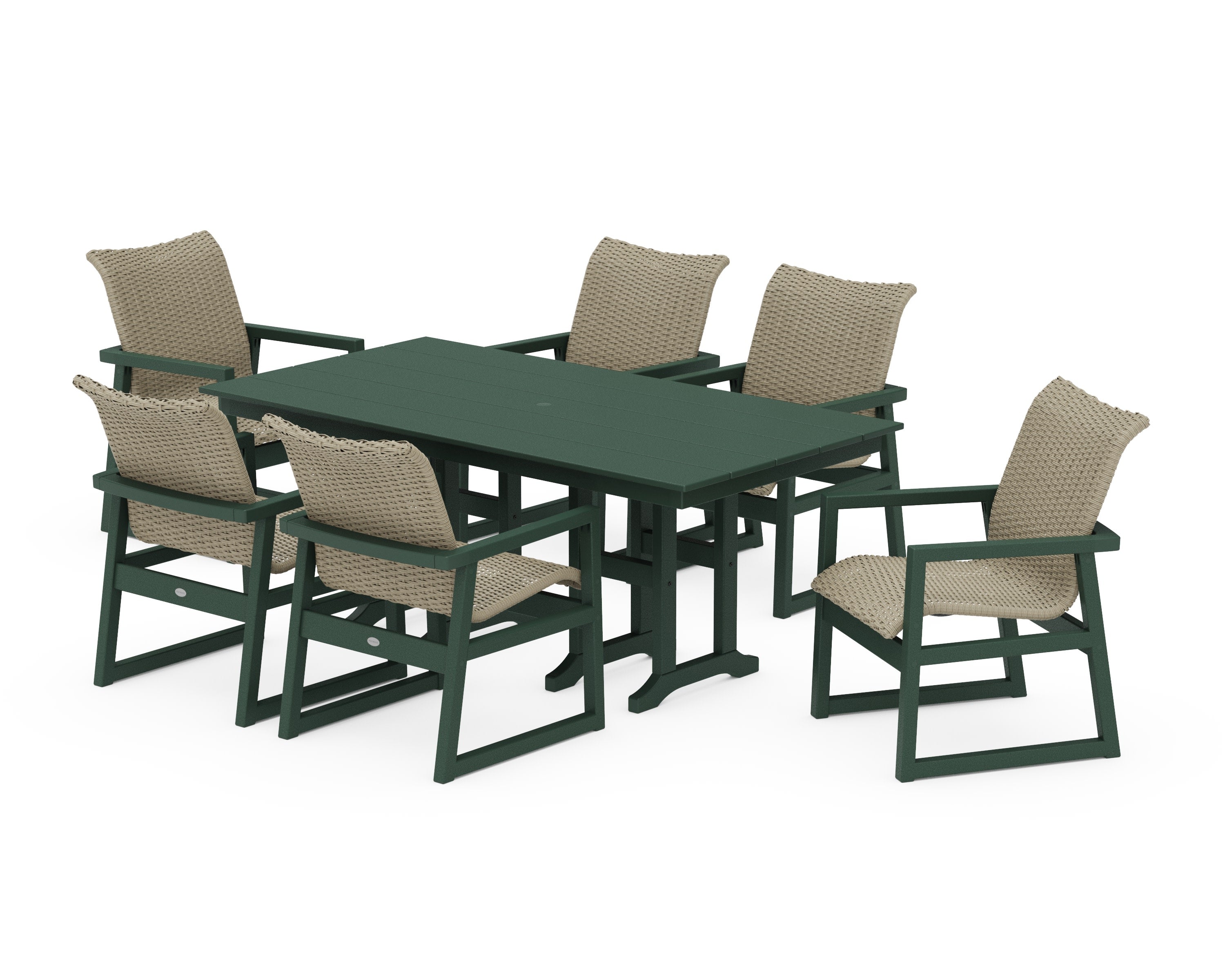 EDGE Woven Arm Chair 7-Piece Farmhouse Dining Set in Green / Dune Grass