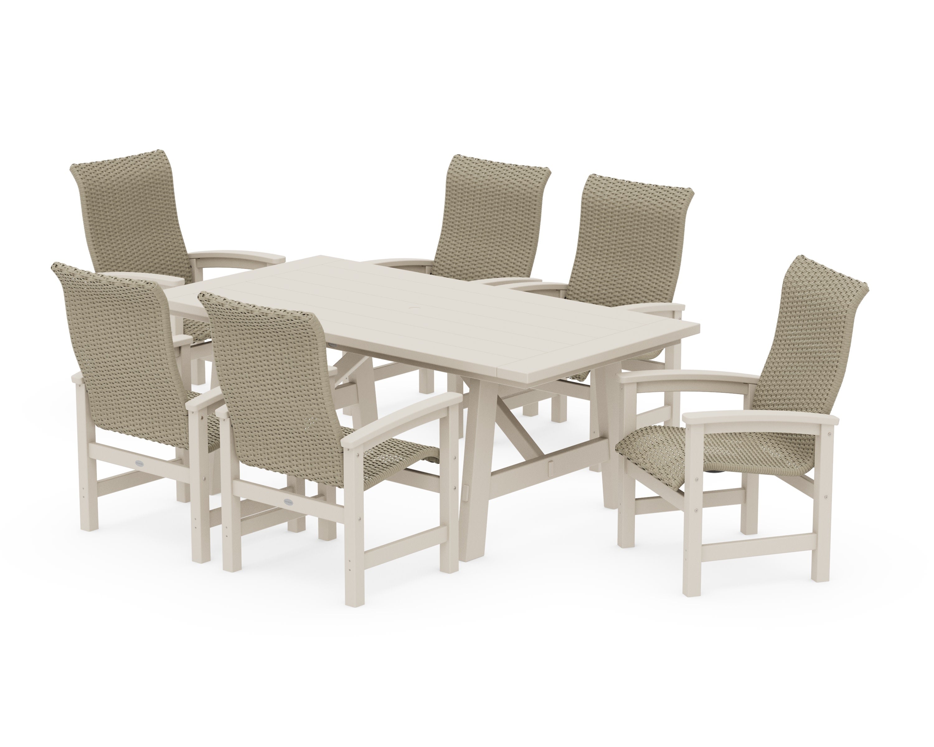 Coastal Woven High-Back Arm Chair 7-Piece Rustic Farmhouse Dining Set in Sand / Dune Grass