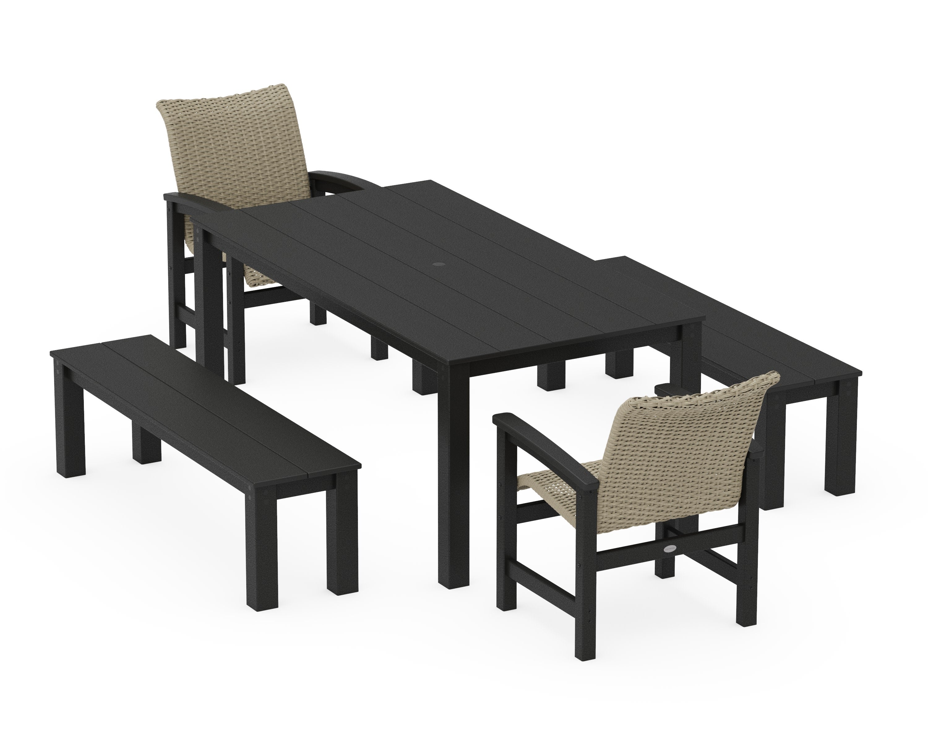 Coastal Woven 5-Piece Parsons Dining Set with Benches in Black / Dune Grass