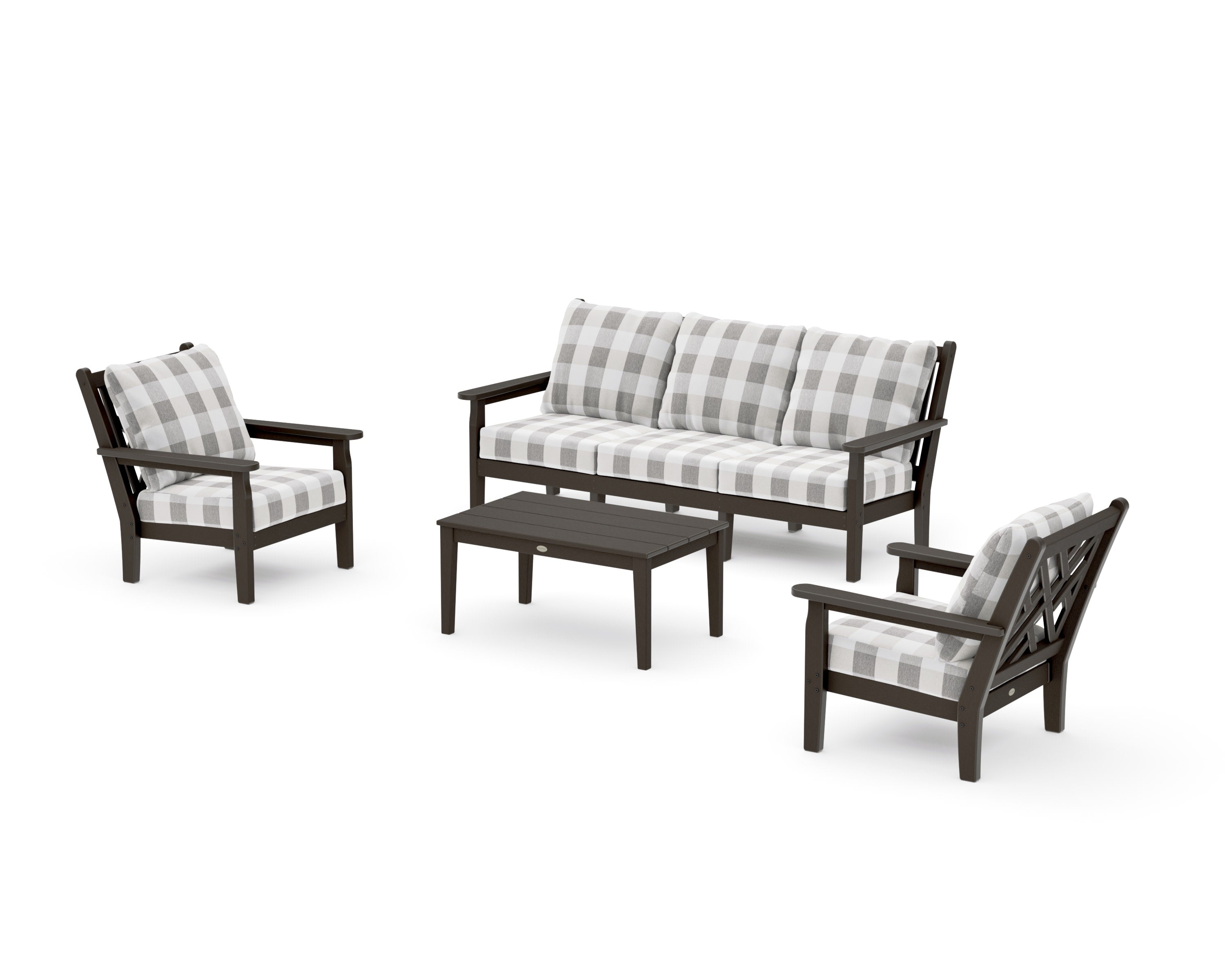 Chippendale 4-Piece Deep Seating Set with Sofa in Vintage Coffee / Buffalo Plaid Grey Mist
